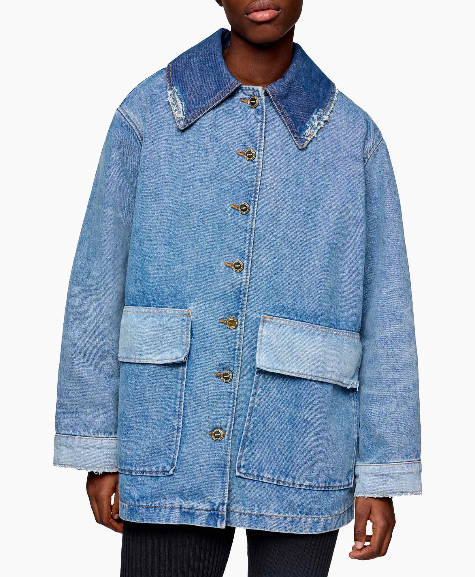 denim, spijkerjas, zakken, knopsluiting, oversized pasvorm
