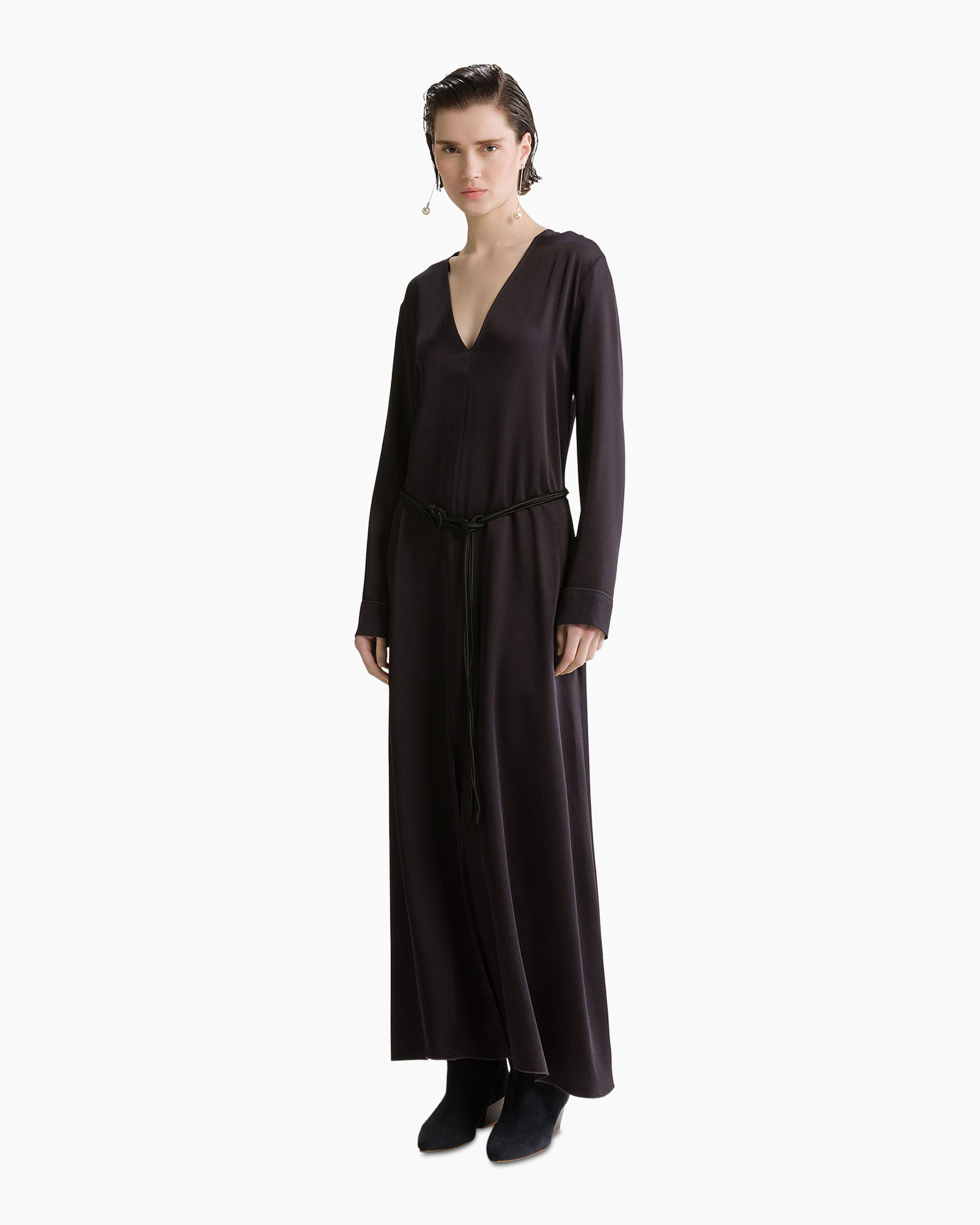 jurk, maxi, lange mouwen, v-hals, riem