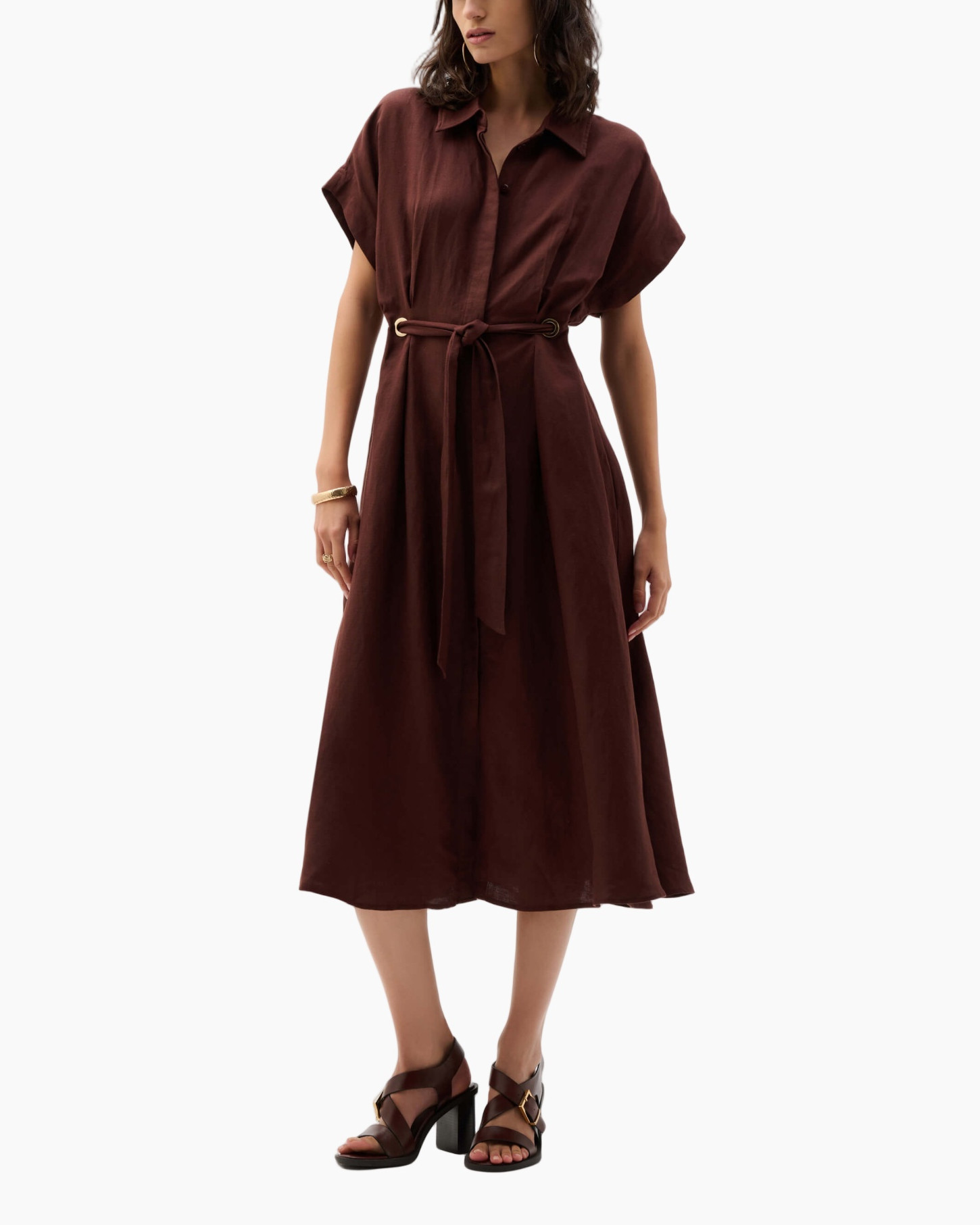 jurk, maxi jurk, riem, korte mouwen, bruin