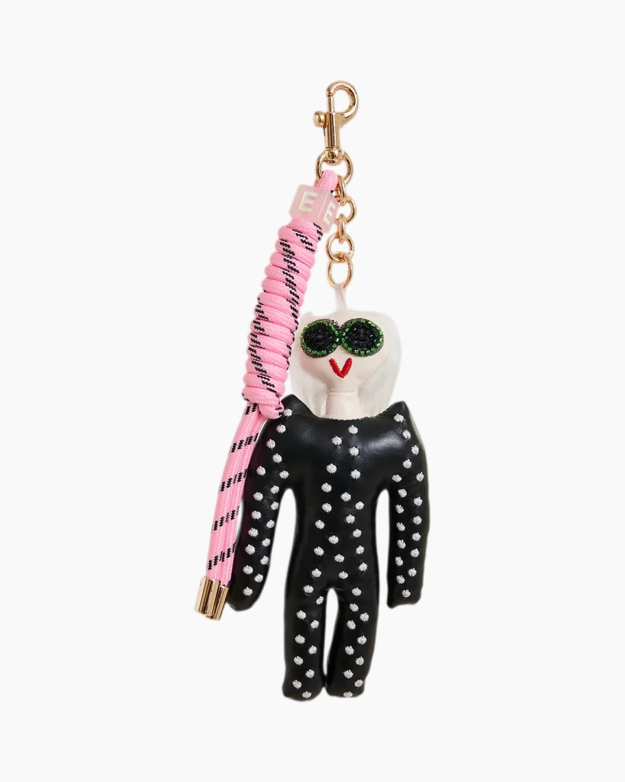 sleutelhanger, handpop, roze-strap, zwart-pop, versierd