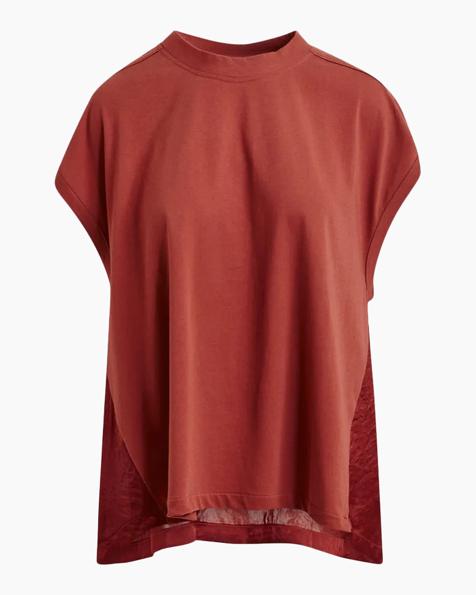 top, t-shirt, rust, solid, linen?, cotton?, cotton blend