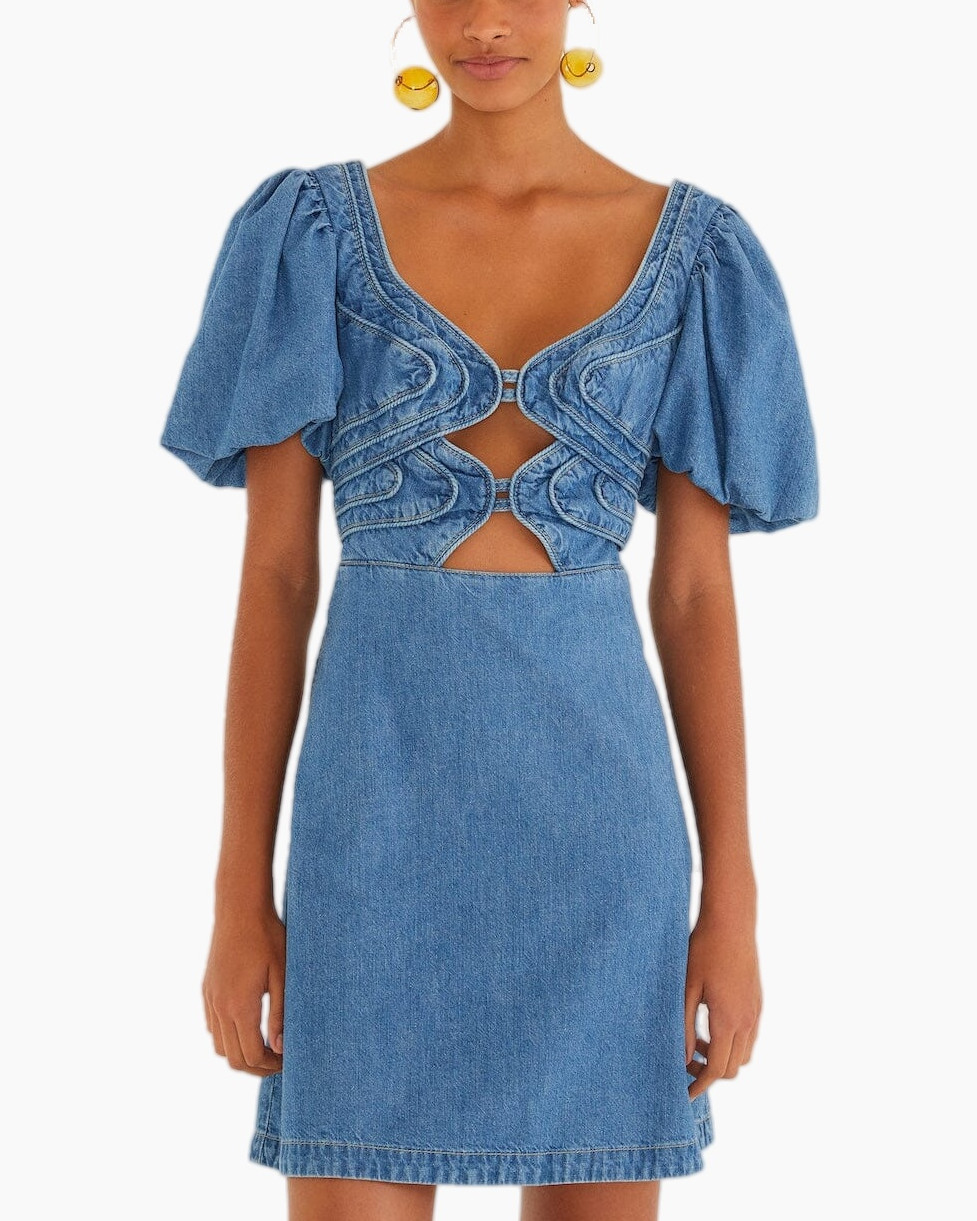 denim jurk, denim stof, pofmouwen, gaasuitsparing, mini jurk