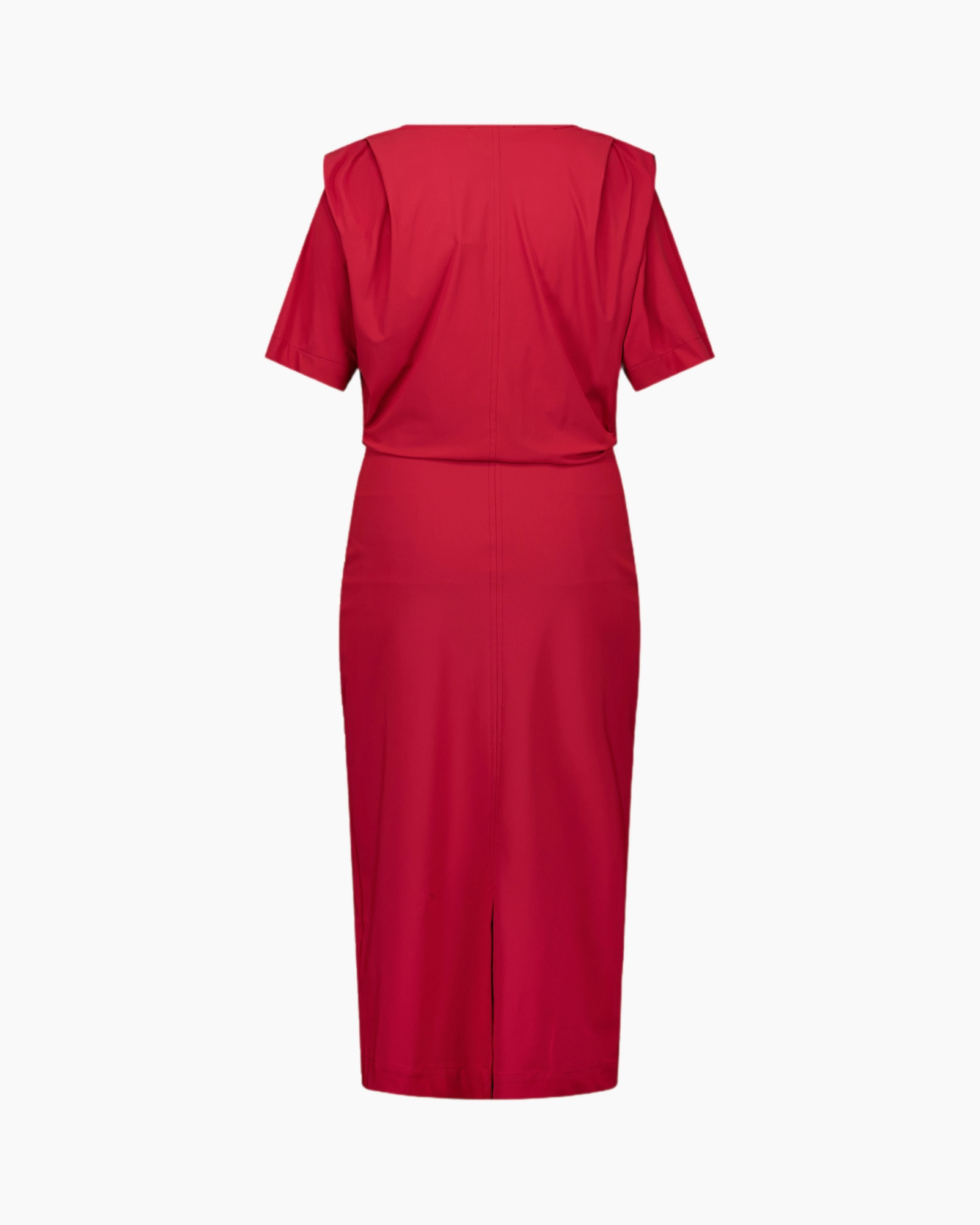 jurk, rood, knielengte, korte mouwen, v-hals