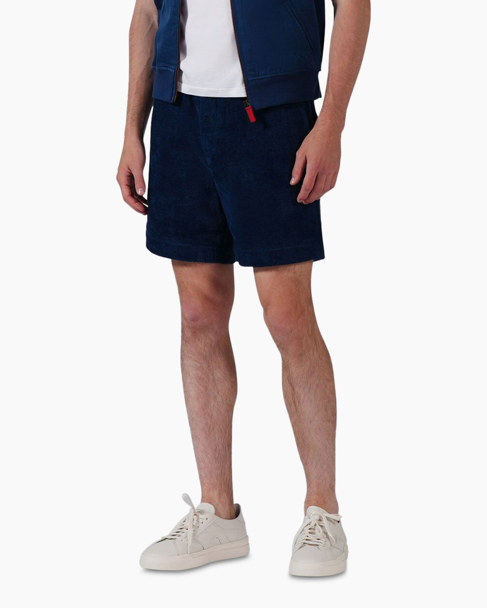 shorts, navy, linen? no, drawstring? not visible, flat front