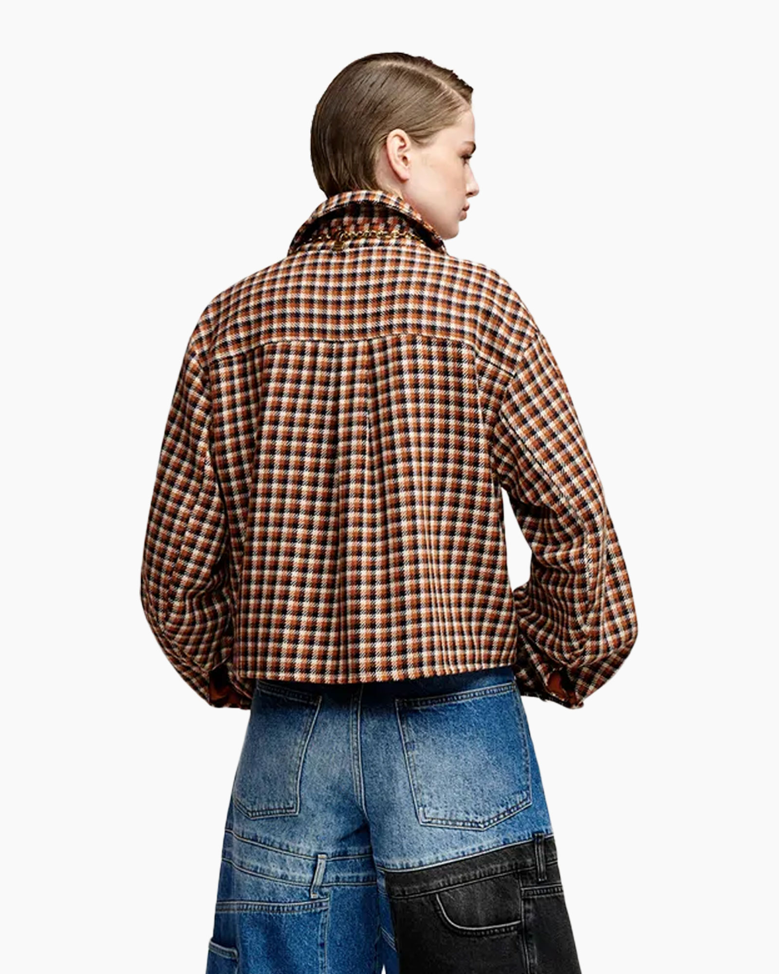 jas plaid, bruin-oranje, dikke jas, geruite patroon, lange mouwen