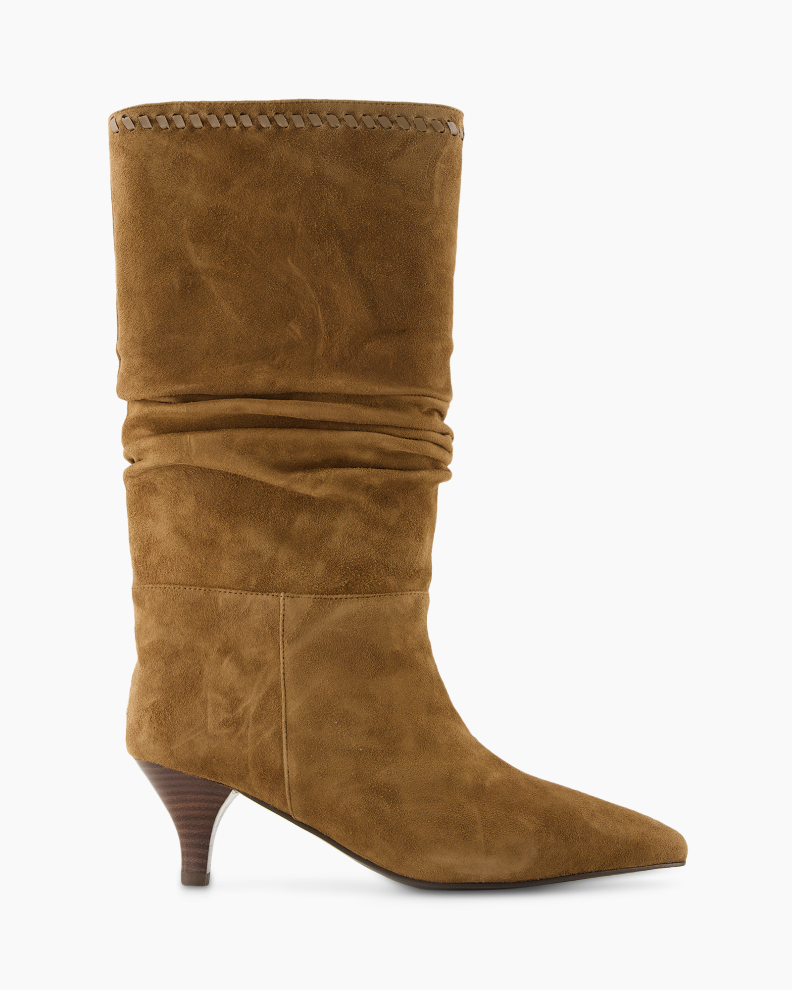 enkellaars, middenhak, suède, slouch boot, camelbruin