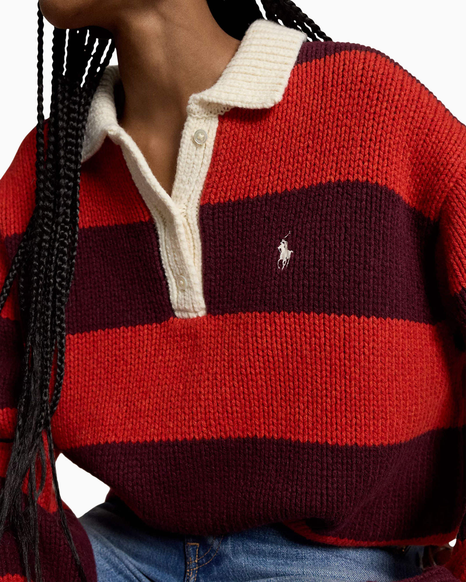gebreide trui, gestreepte trui, polo kraag trui, rood bordeaux, kraag polo sweater