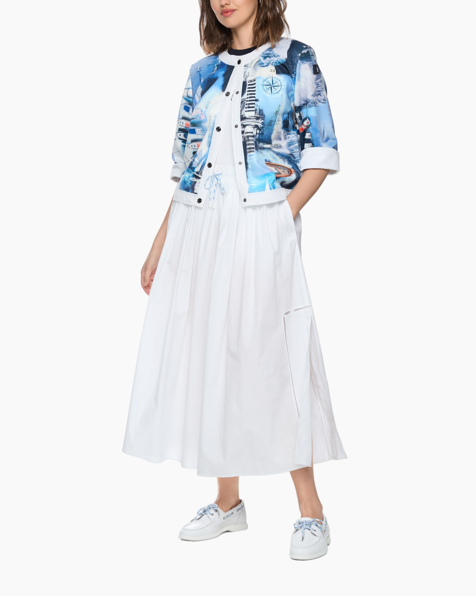 blue jacket, printed jacket, white skirt, ankle length, sneakers