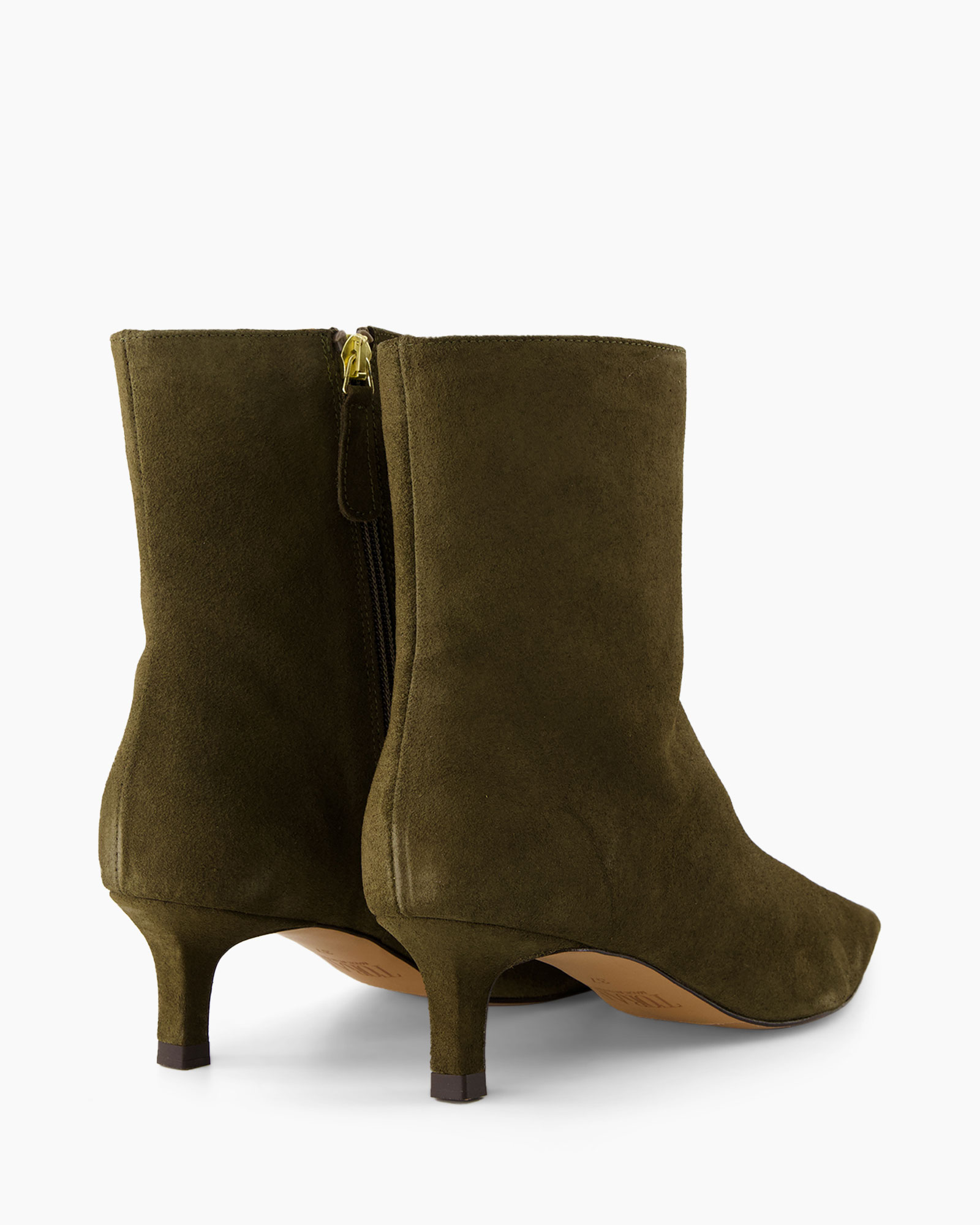 enkellaarsjes, suede, olijf groen, rits achter, middelhoge hak