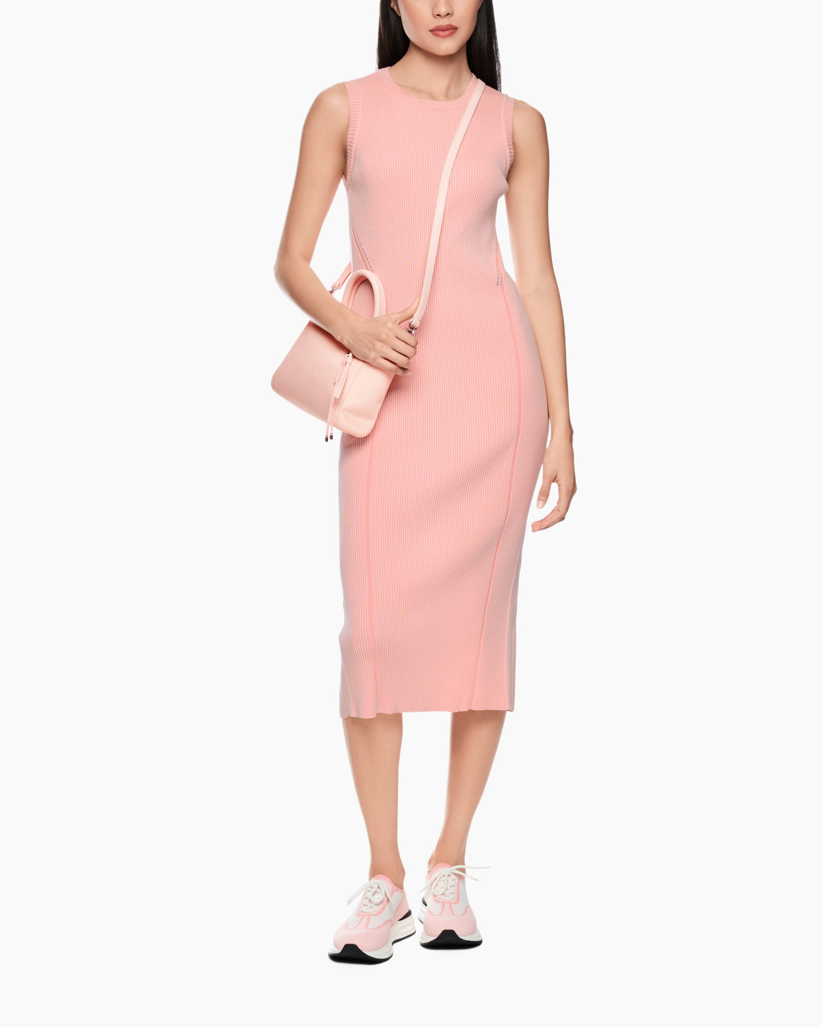 pink dress, sleeveless, ribbed knit, mid length, crossbody bag
