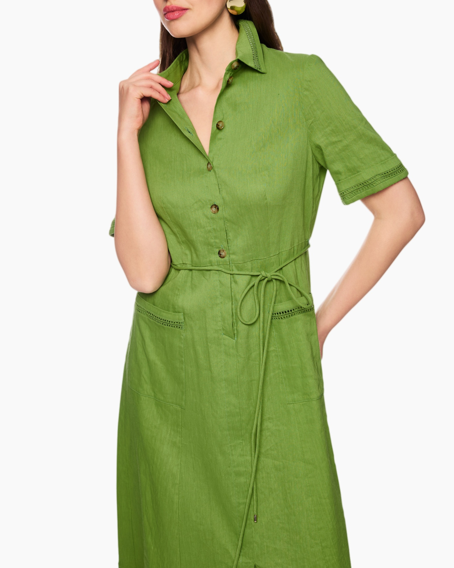 jurk, linnen, groen, kortmouwen, taillekoord