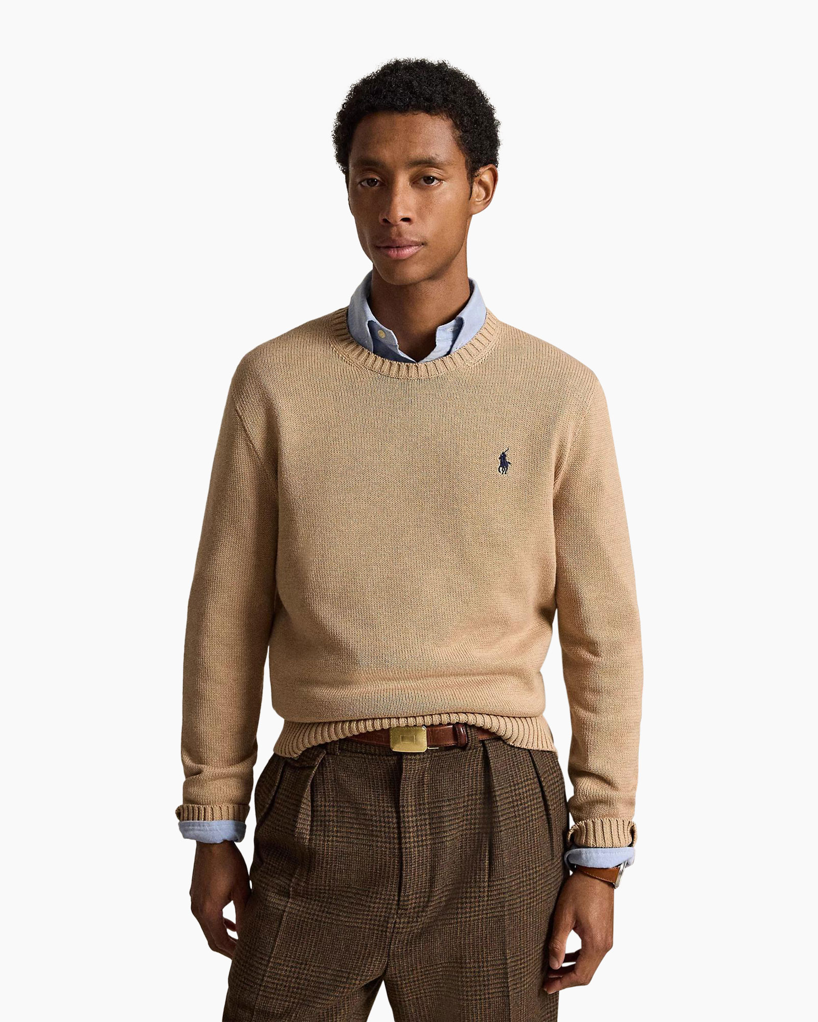 sweter, beige, okrągły dekolt, dzianina, klikowana spodnie