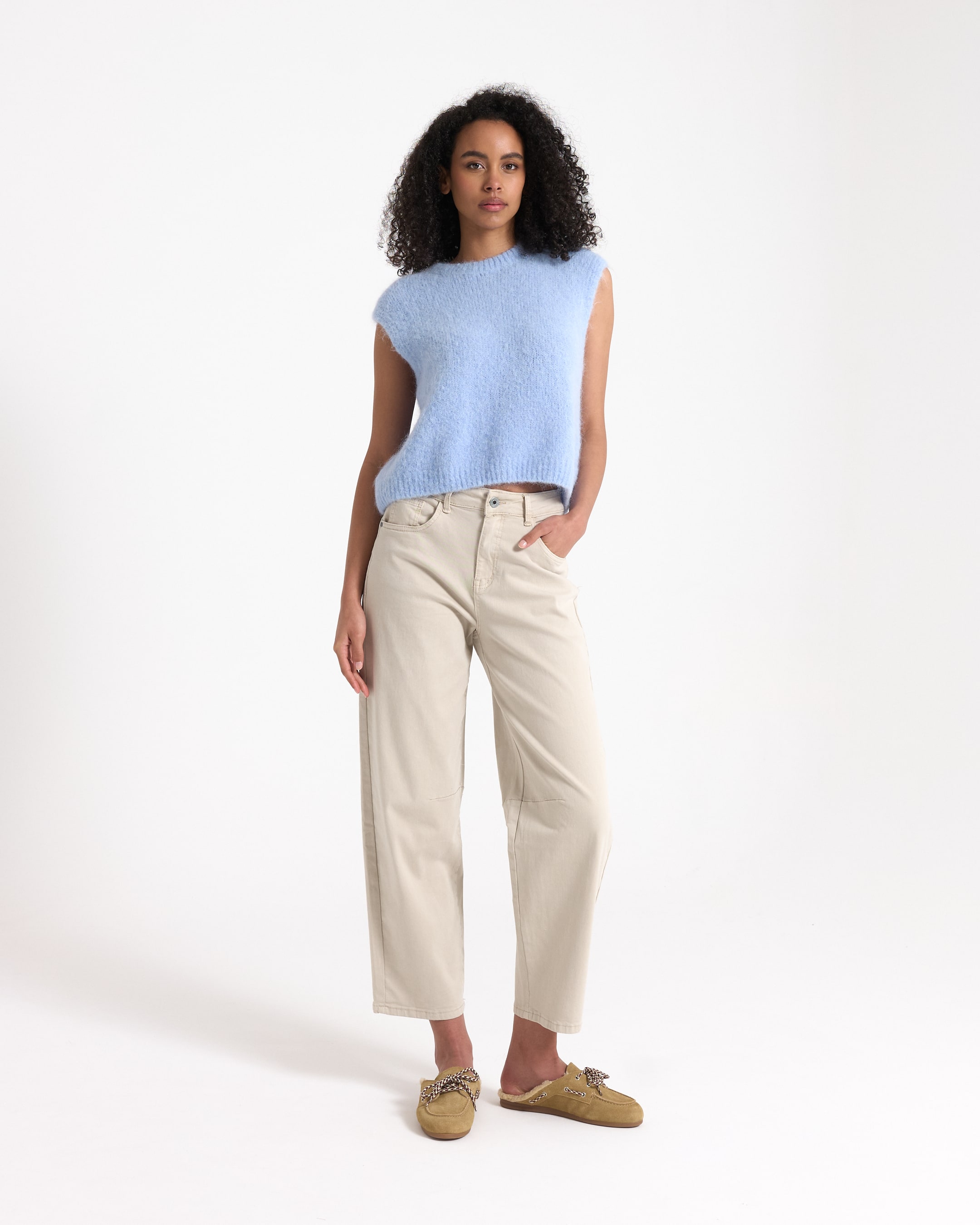 top, knit, sleeveless, blue, beige pants, moccasins