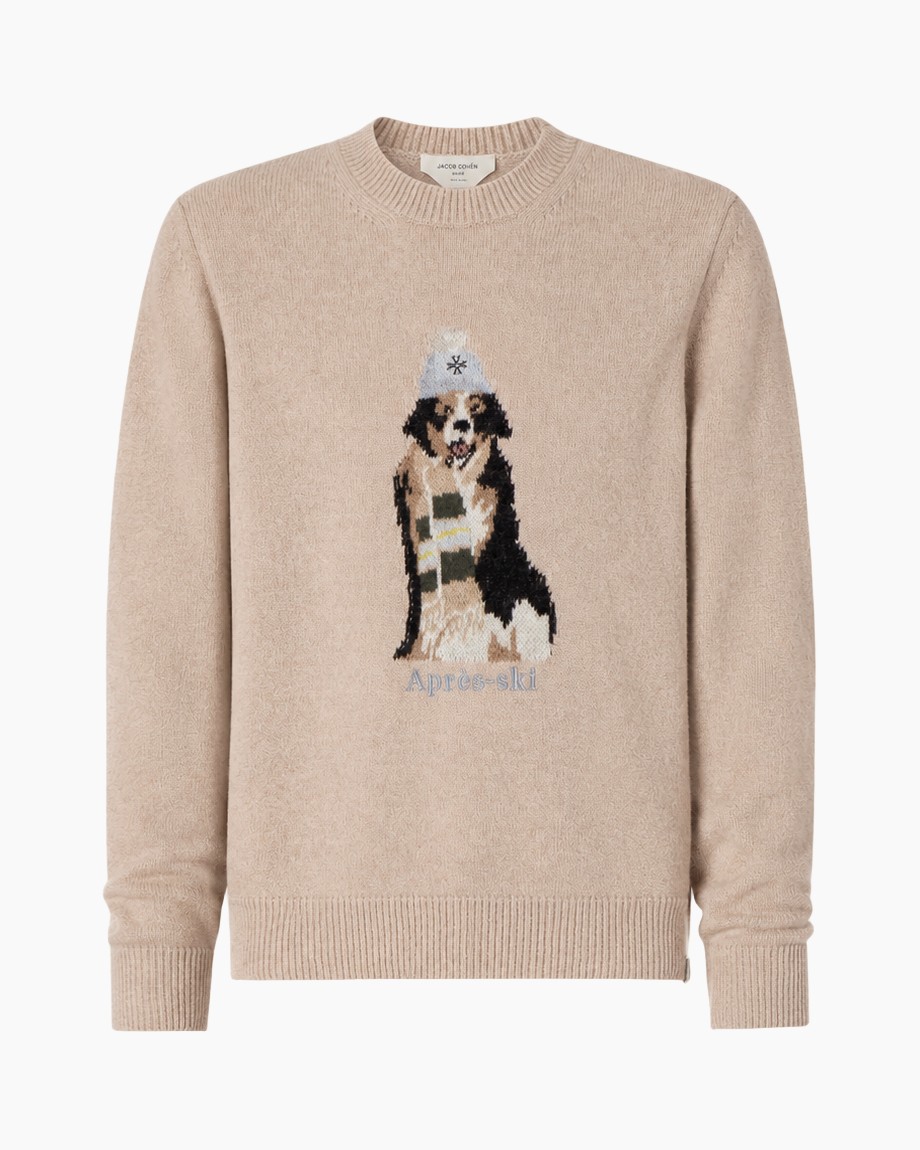 trui, örgü, bej, köpek grafiği, yuvarlak yakalı