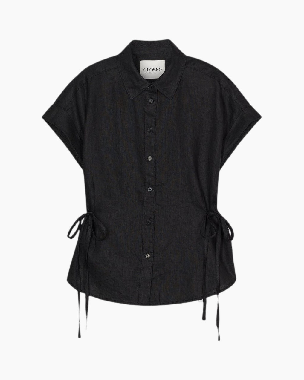 black shirt, collared shirt, short sleeves, drawstring sides, linen look