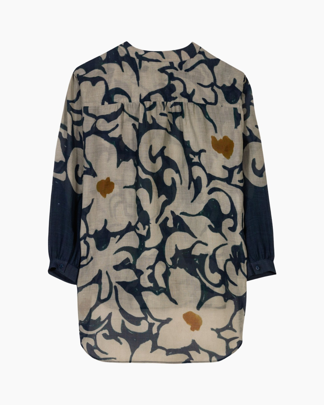 blouse, lange mouwen, bloemenpatroon, linnen, beige Navy