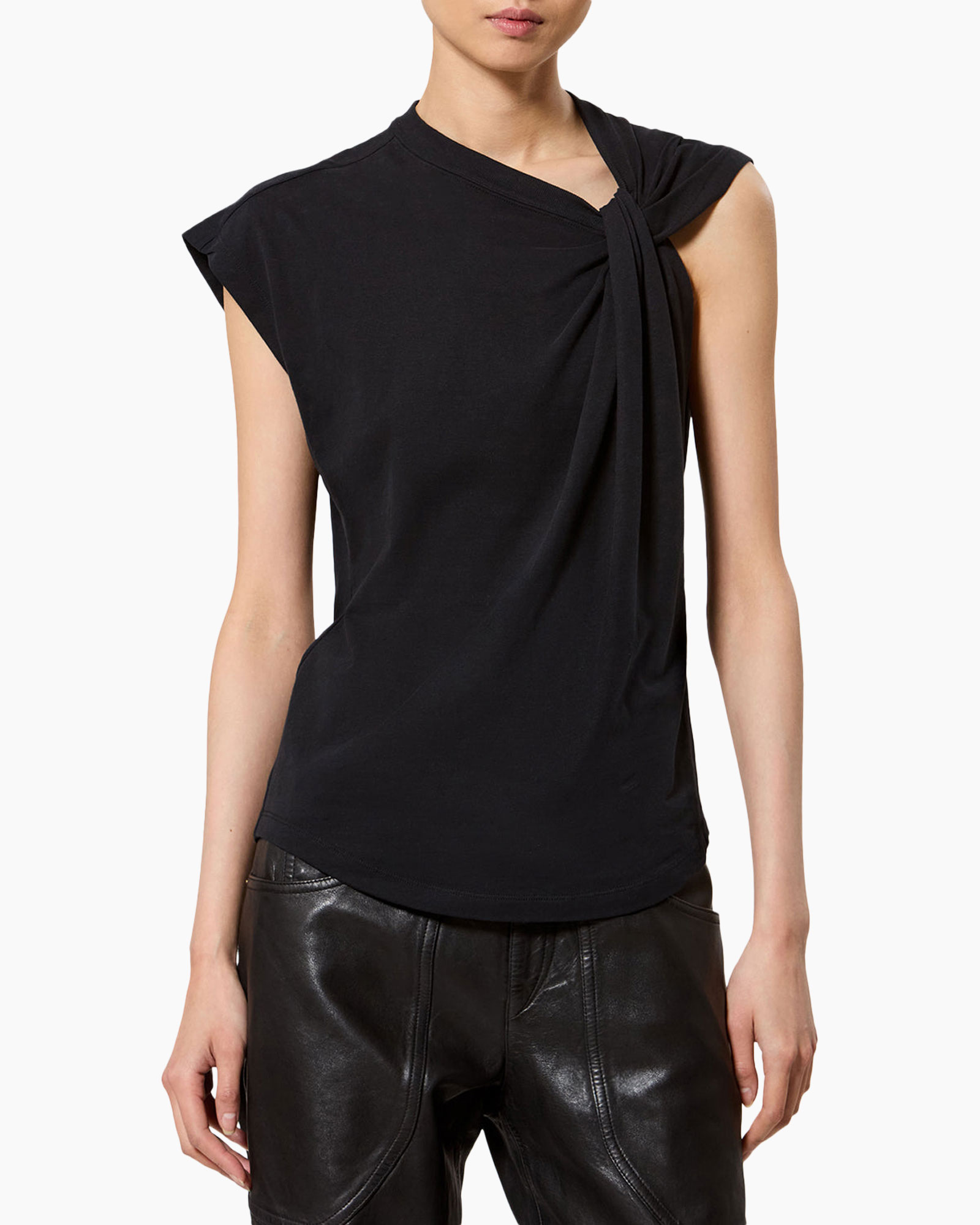 zwart shirt, knoopdetail, mouwloos, rond hals, zachte knit