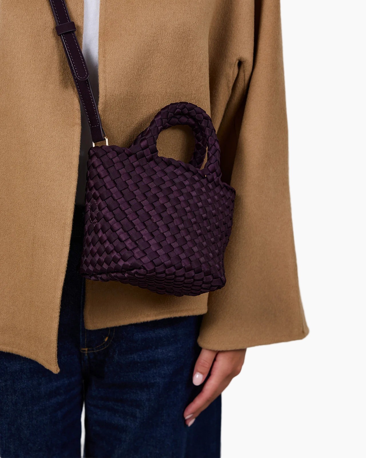 handtas, portemonnee, geweven tas, paars, mini tote