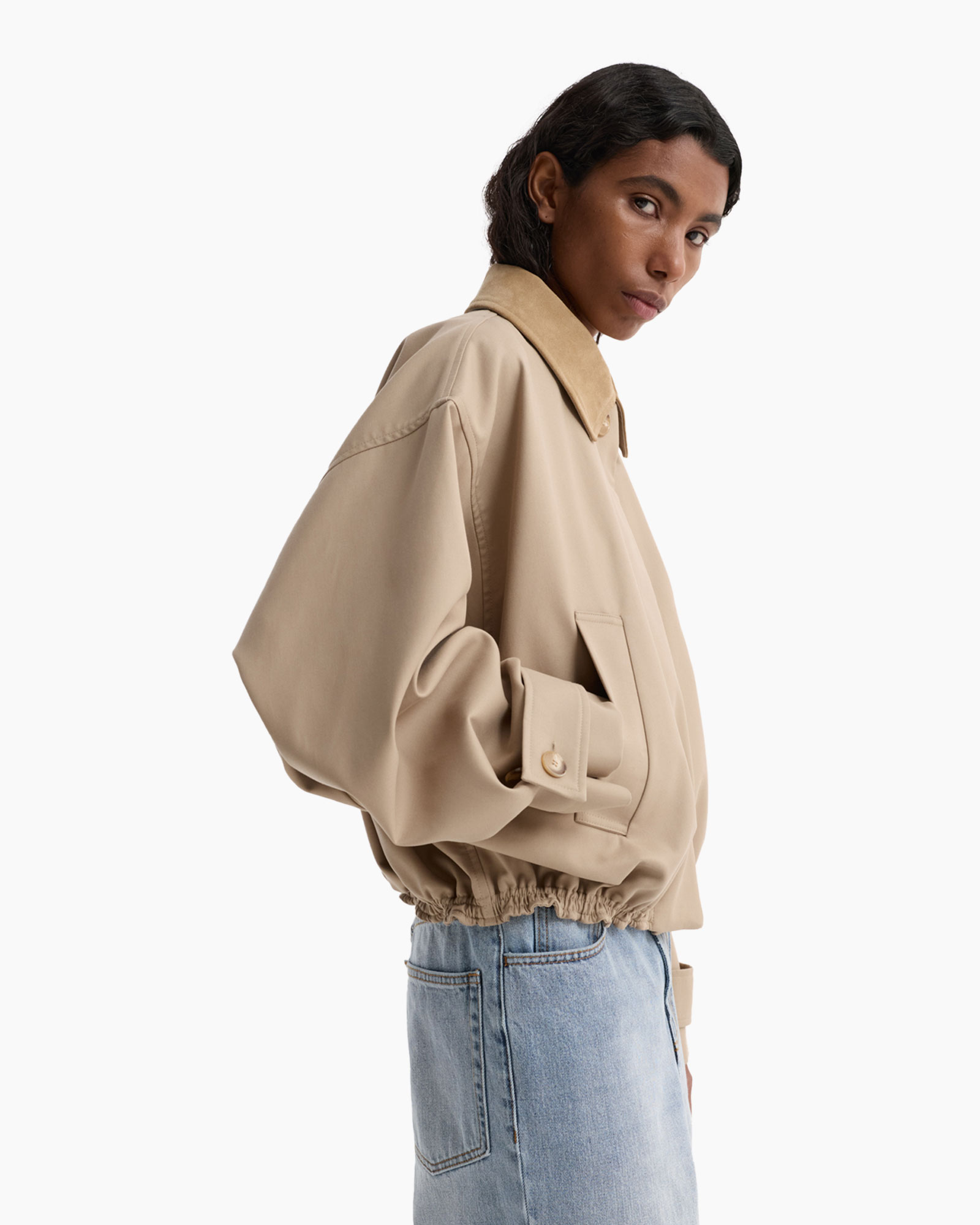 jas beige, jas bomber, kraag, Elastische zoom, denim spijkerbroek