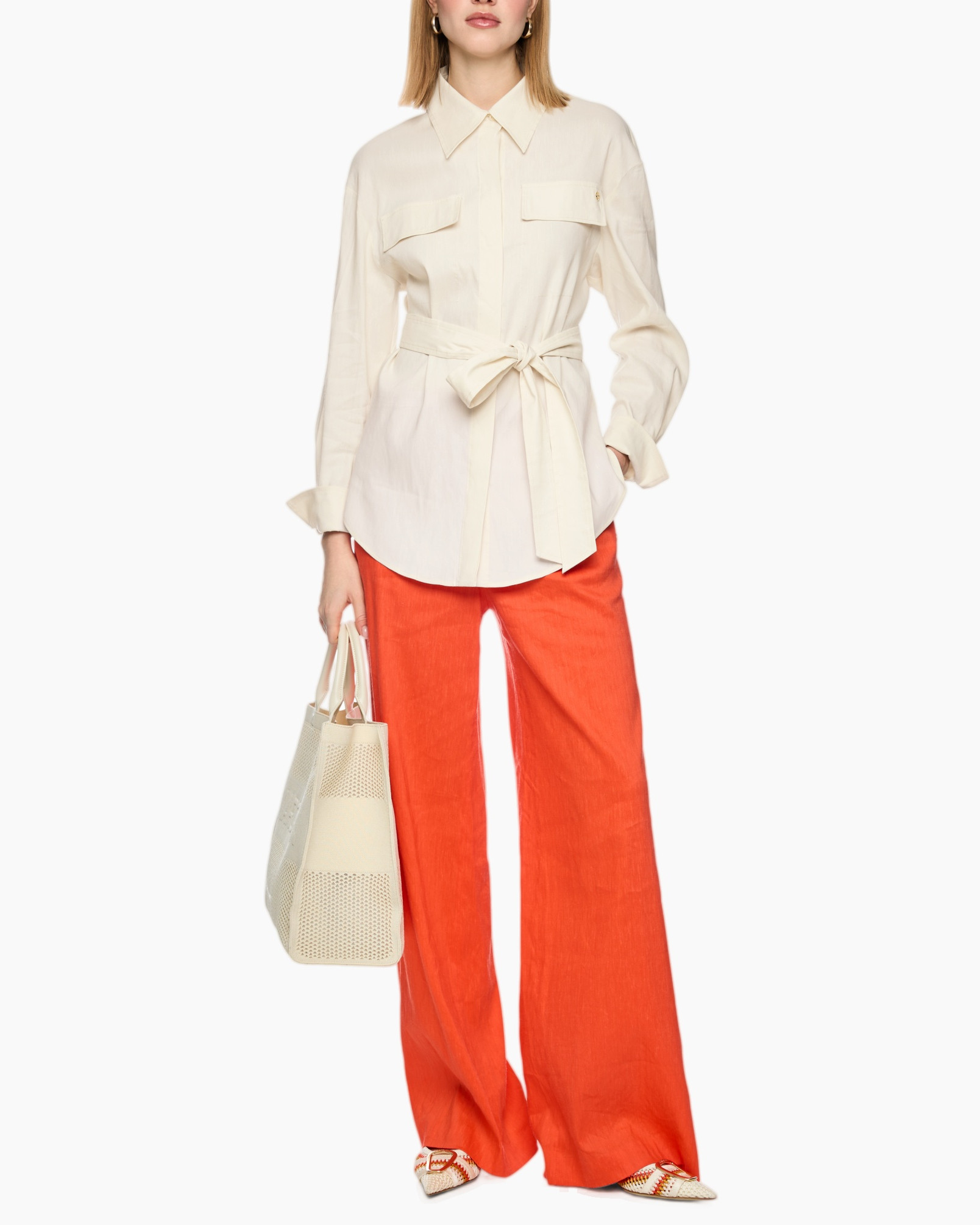 linen shirt, belted shirt, long sleeve, pocket shirt, beige/cream