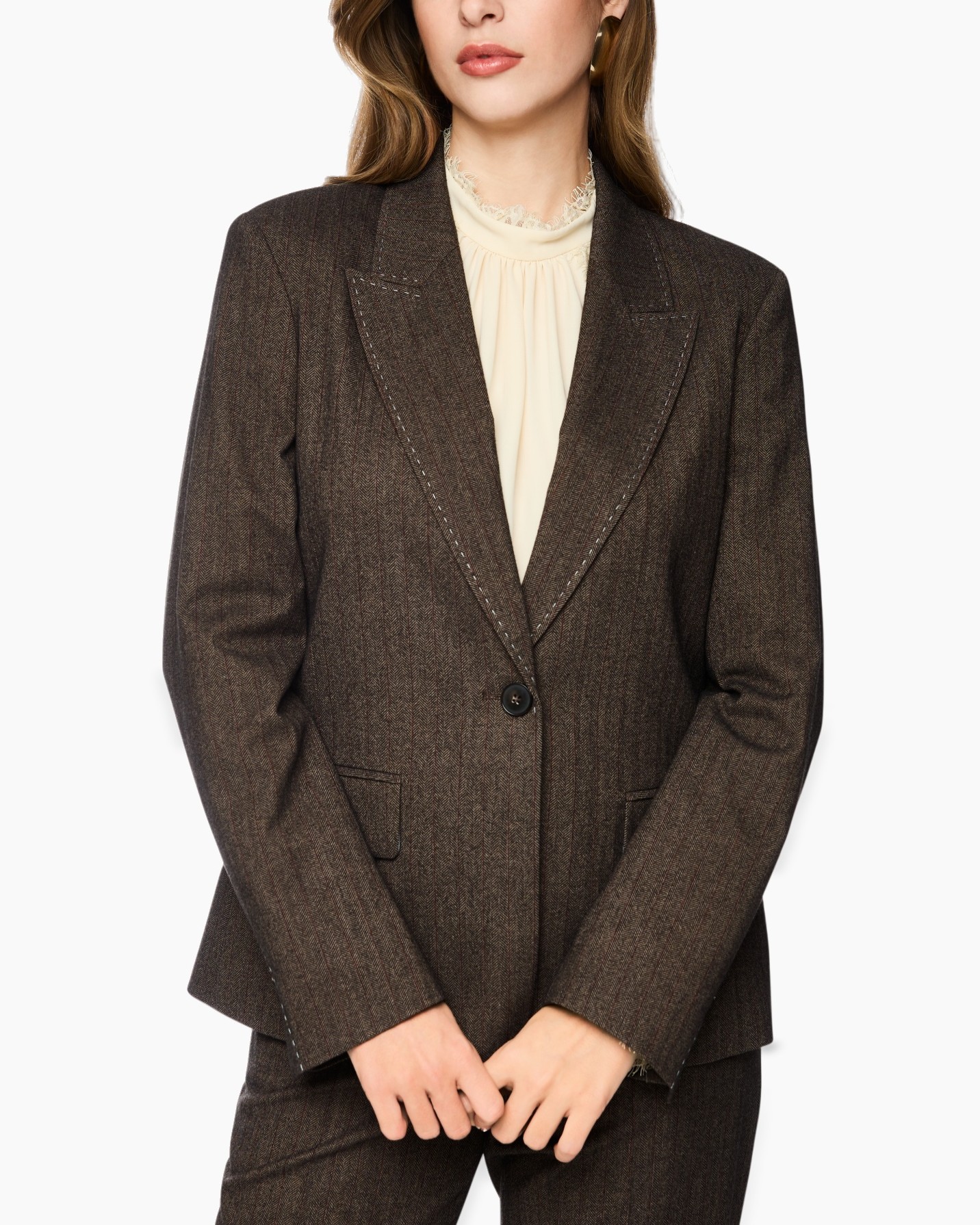 blazer, vrouwen, bruin, streep, enkel-breasted