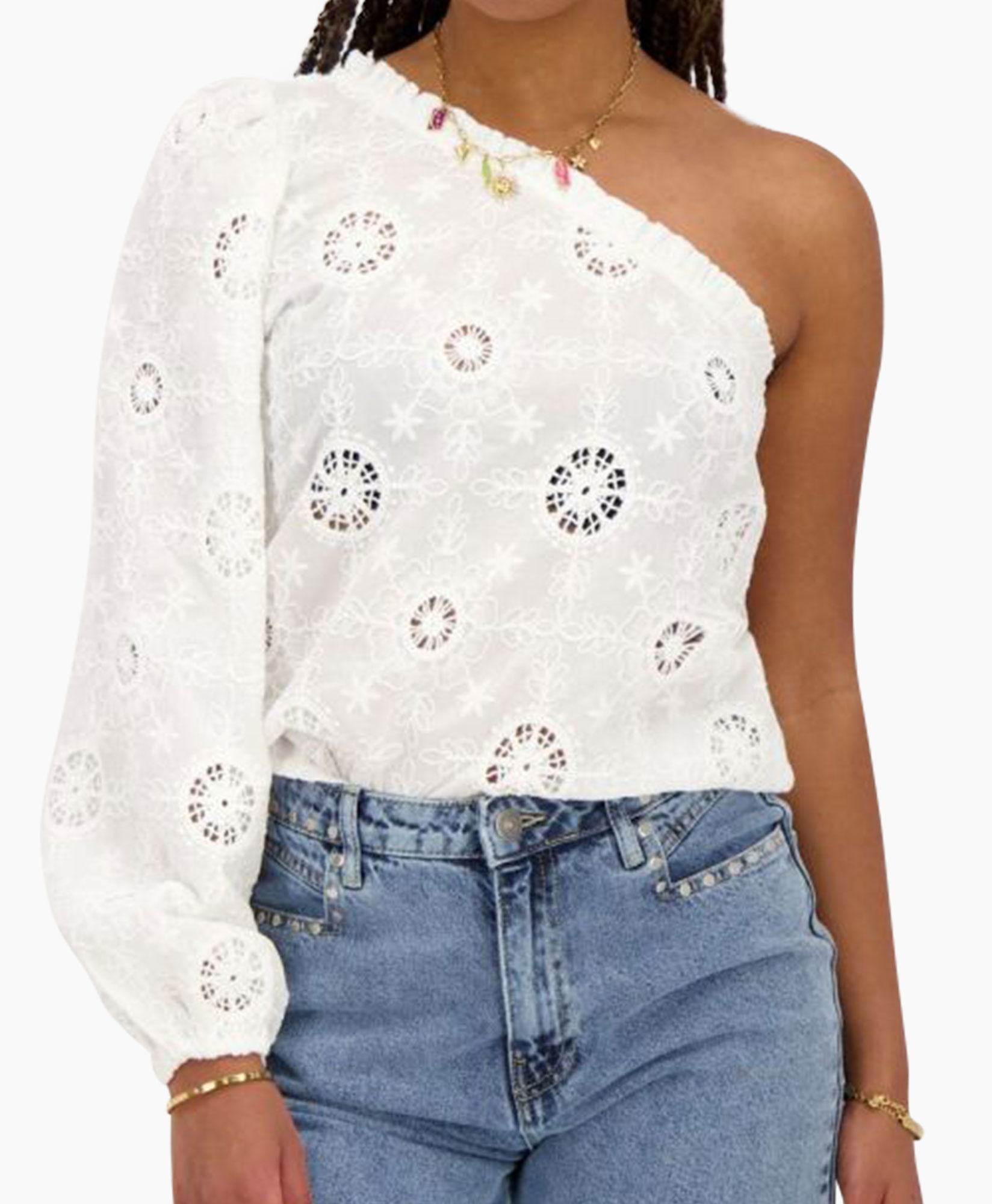 Top One Shoulder Top With Embroidery Wit