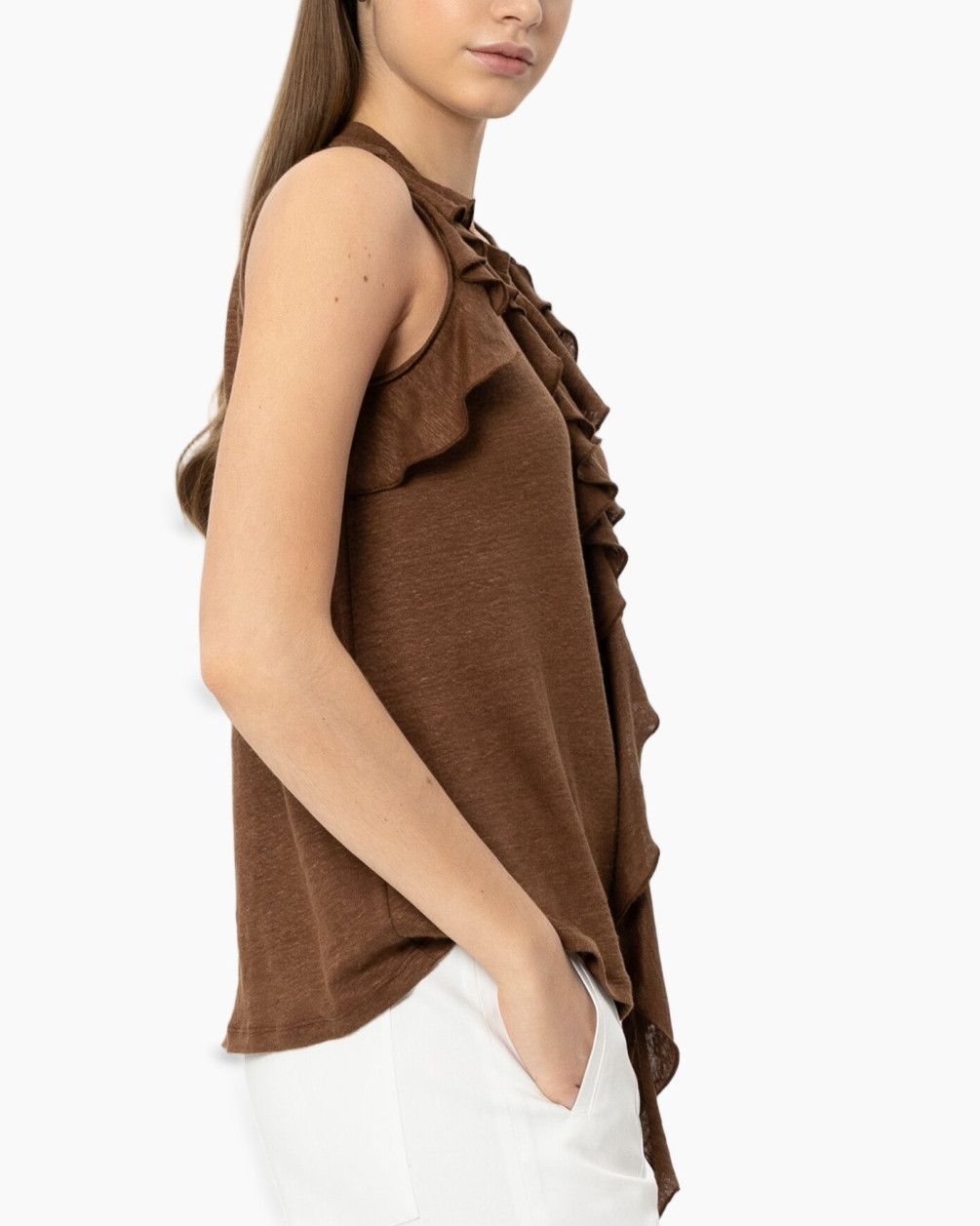 bruine top, mouwloos, franjes/roezel detail, tanktop, damens blouse