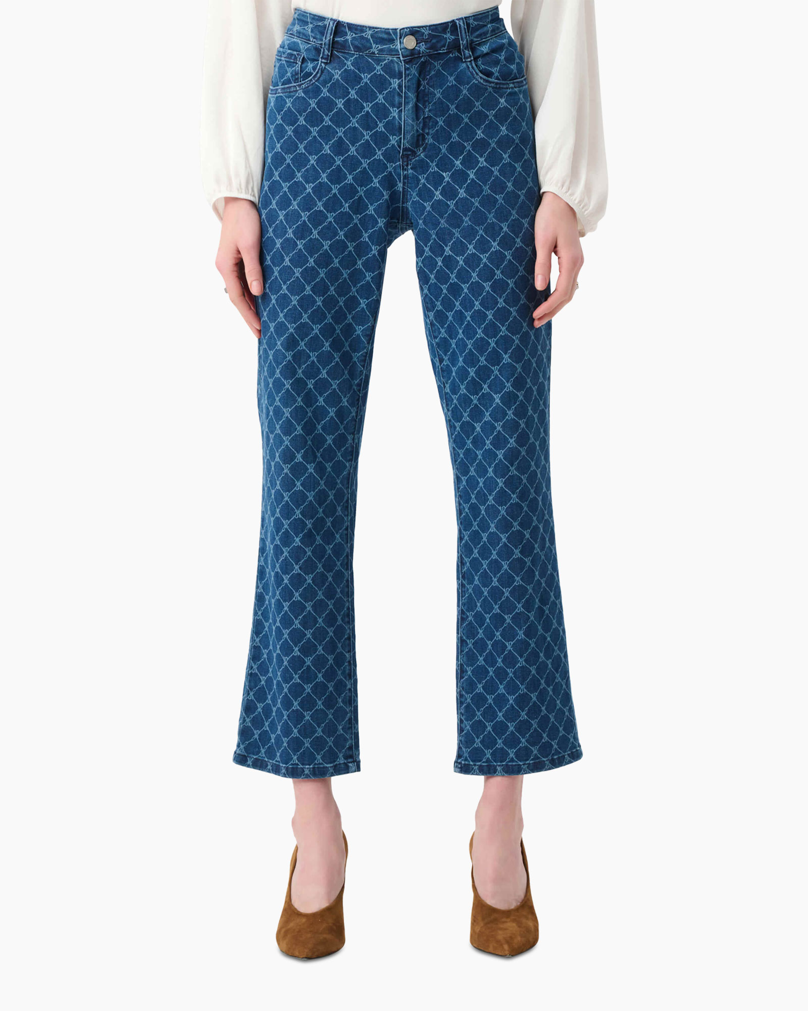 spijkerbroek, wijd uitlopende pasvorm, hoge taille, blauw patroon, denim