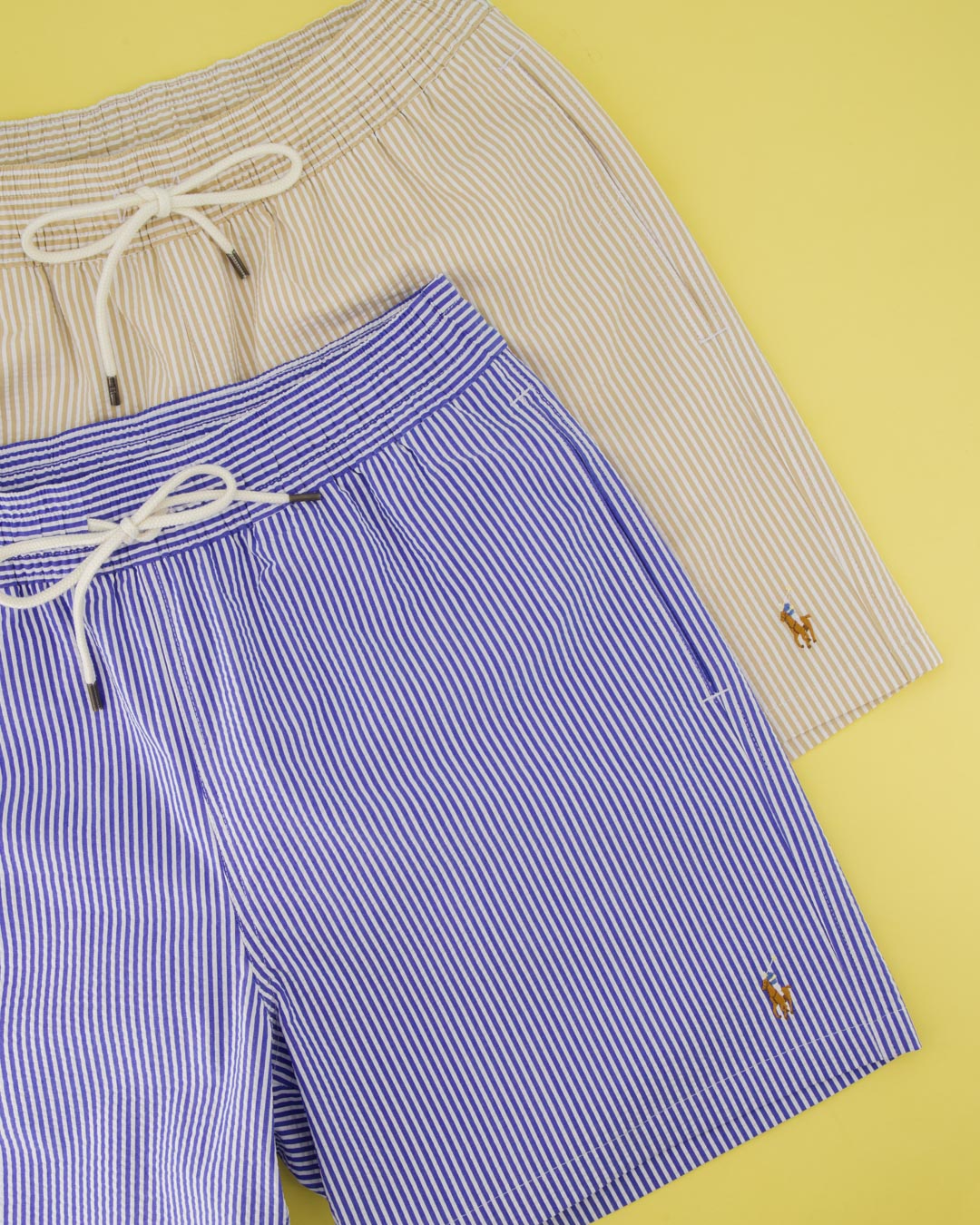 shorts gestreept, touwslip, blauw, beige, paardenlogo
