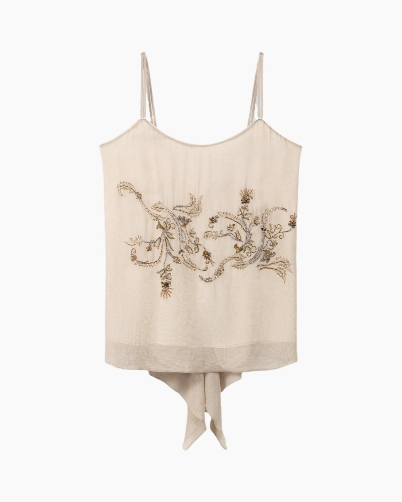 tanktop, borduursel, beige, bloemendi, satijnachtig