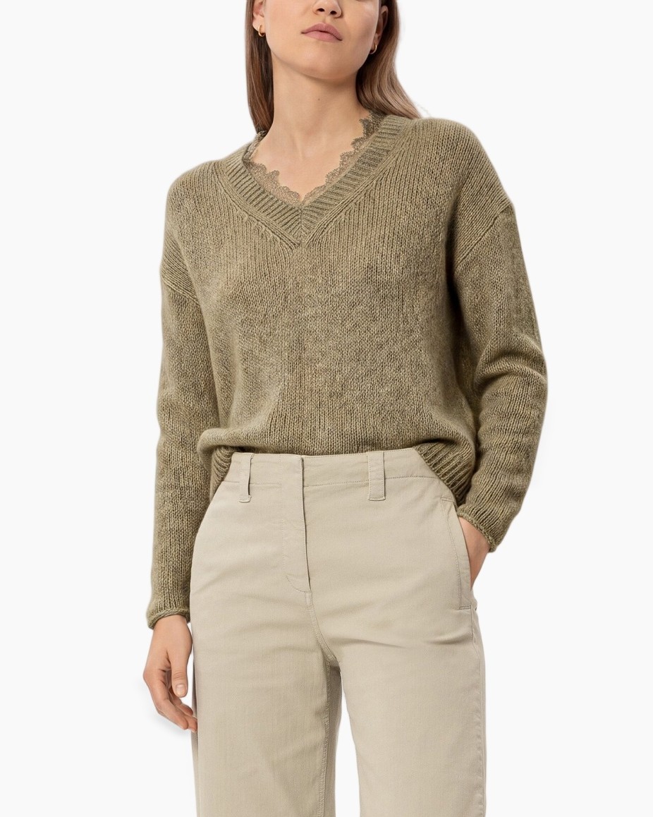 gebreide trui, V-hals, beige, lange mouwen, casual top