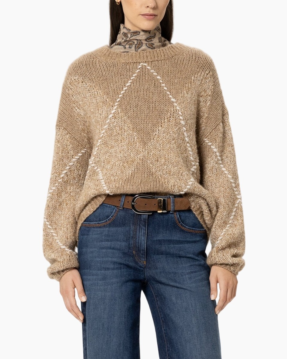 trui gebreid, rolkraag, argyle patroon, beige, losse pasvorm