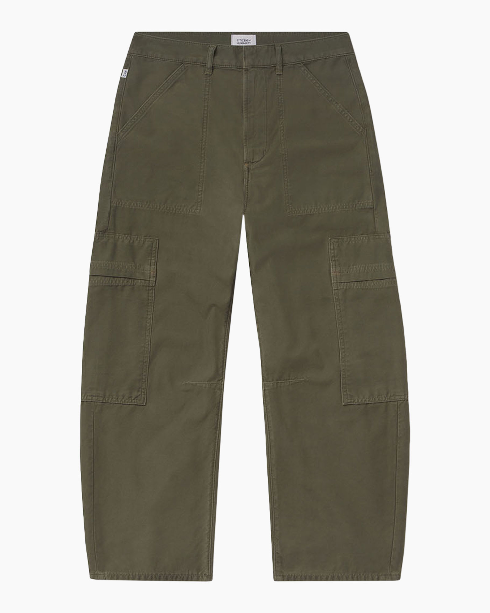 cargo pants, olive green, knee-length, adjustable pockets, stitching detail