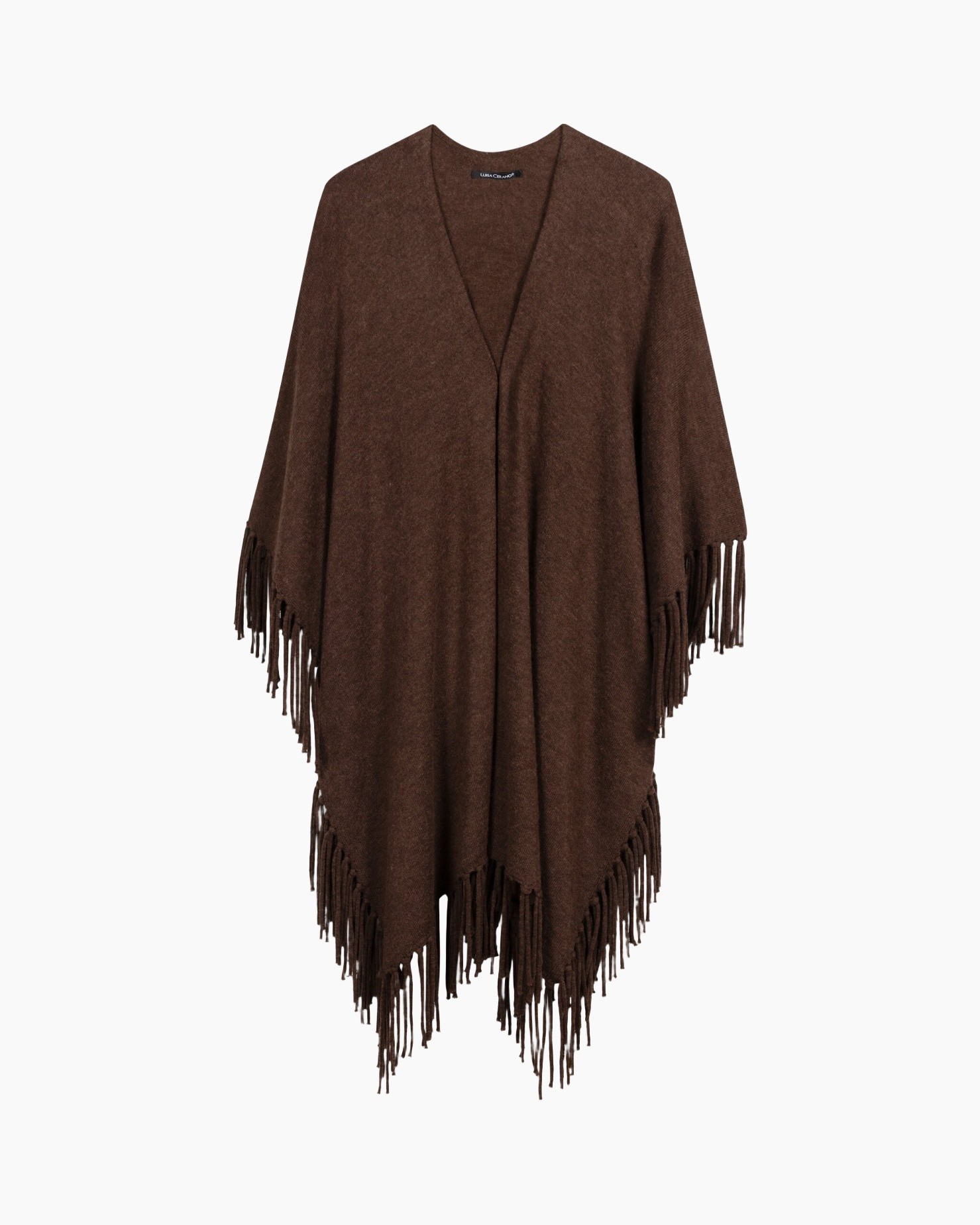 poncho, franje, brei, bruin, vest