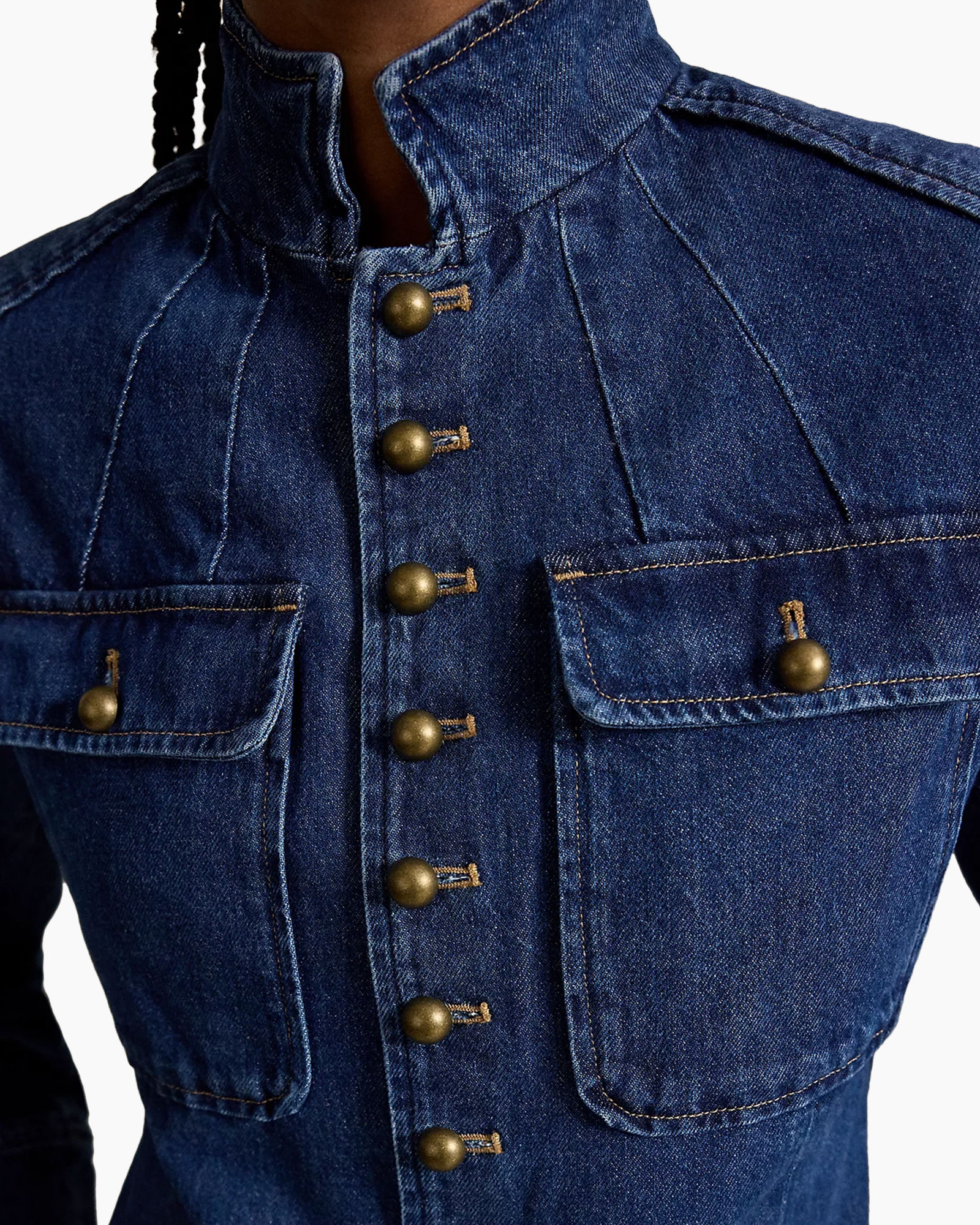 denim, jacket, knopjes, zak, hoge kraag