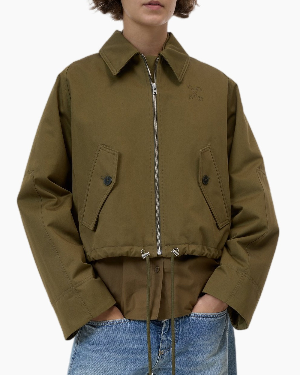 jacket, zip-front, olive, windbreaker, pocketed