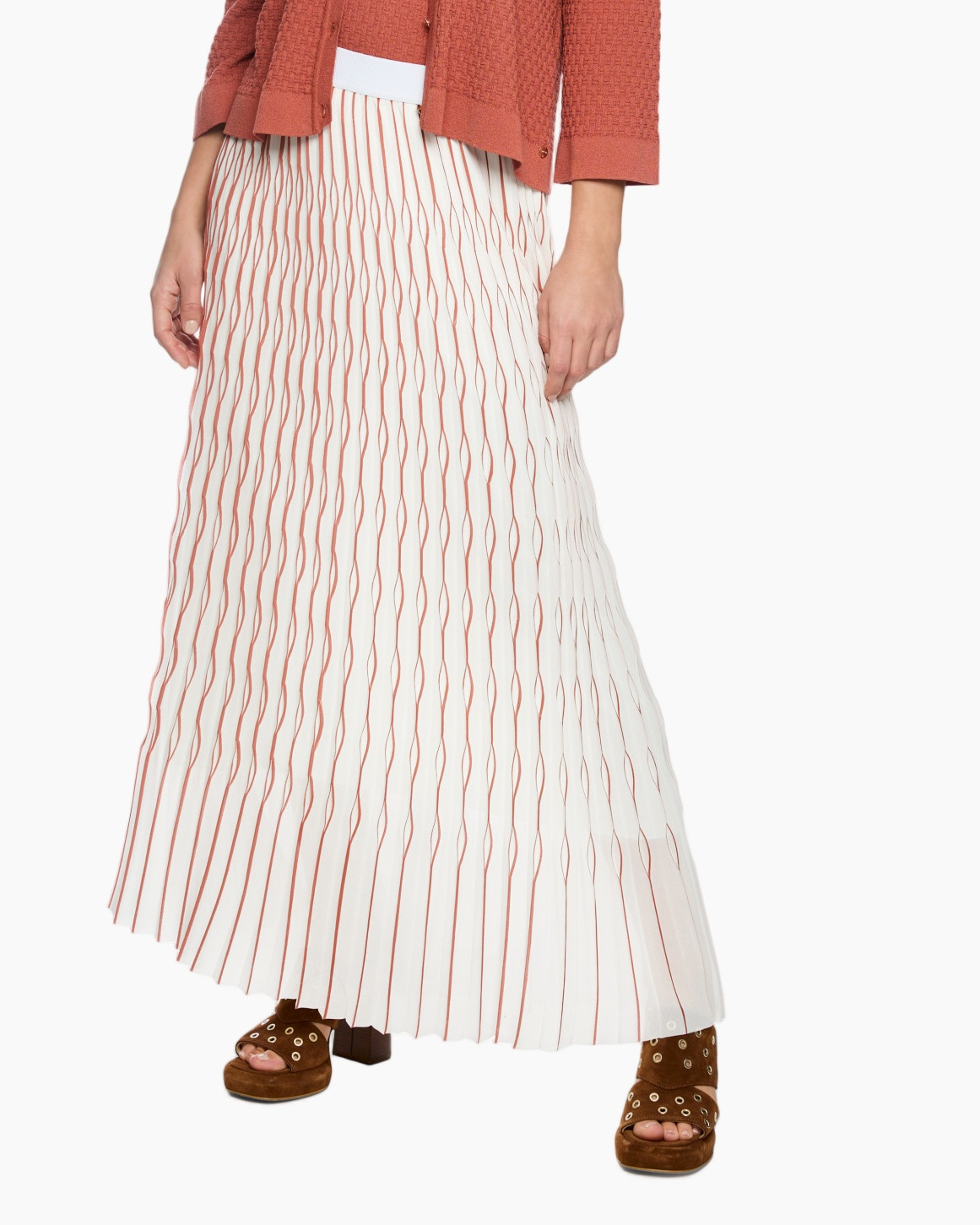 skirt, pleated, white, red stripe, ankle-length
