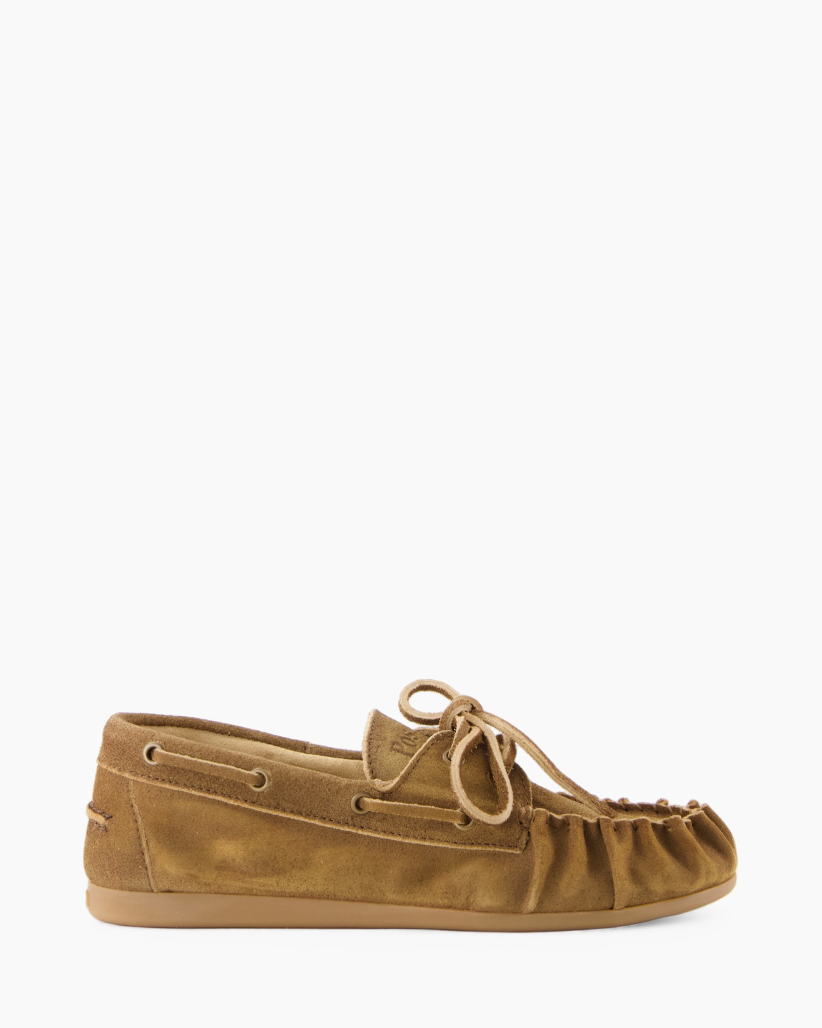 suède mocassin, bruin, leren veters, gerimpelde neus, platte zool