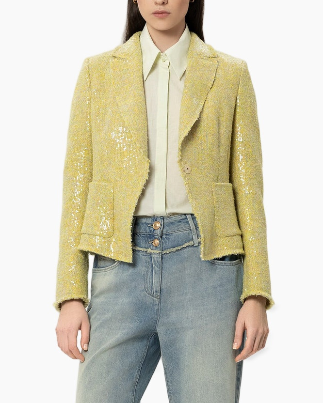 geel blazer, sequined blazer, tweed blazer, dubbelbreasted, kleding