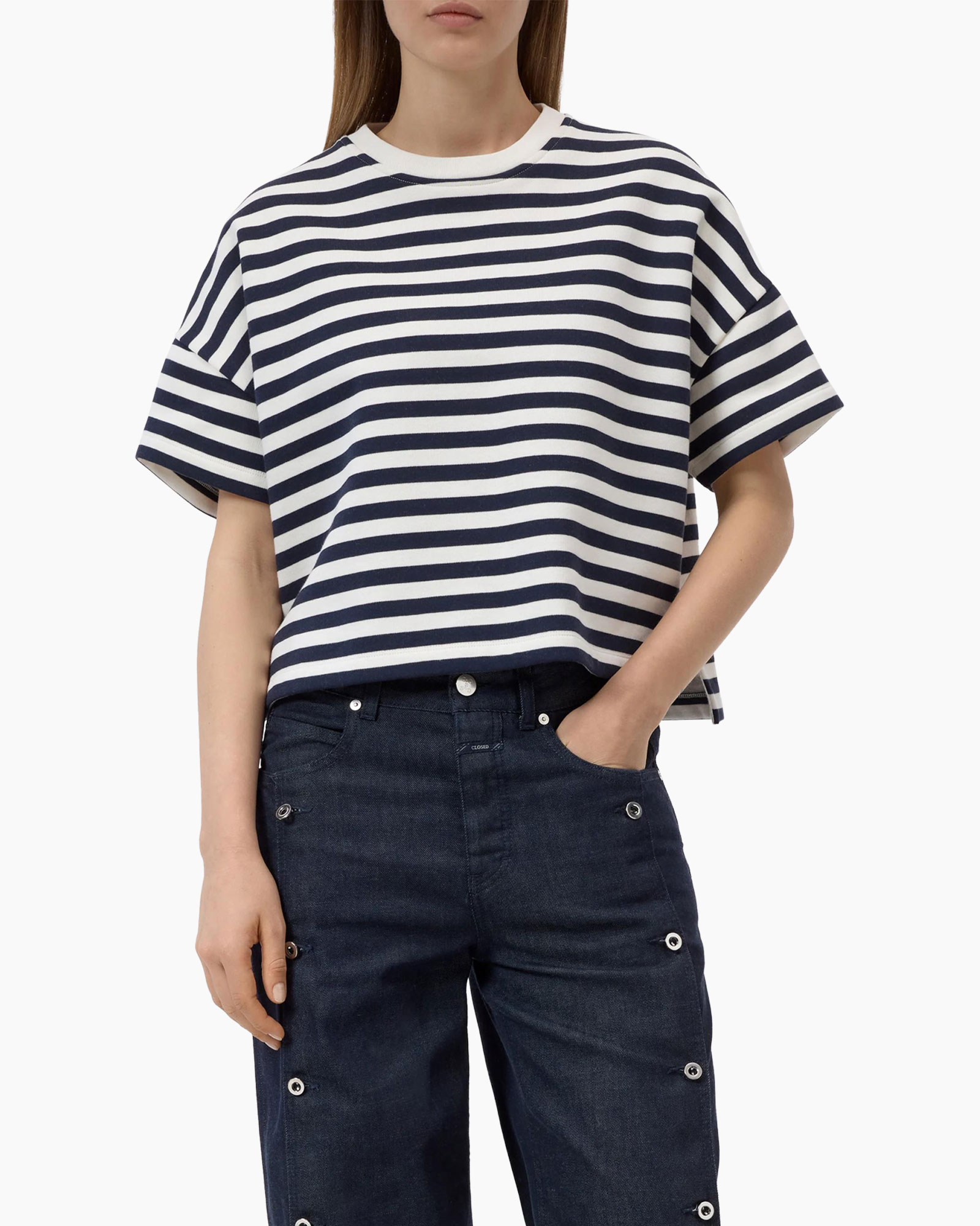 gestreepte top, korte mouw, rugakraag, marineblauw wit, tuniek-fit