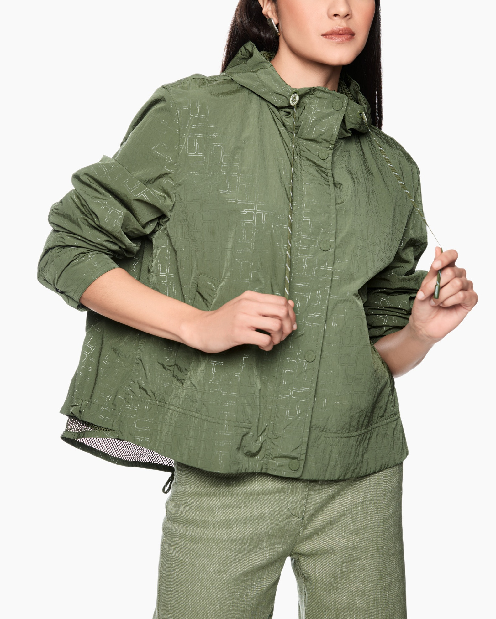 jacket, windbreaker, hooded, olive green, textured fabric