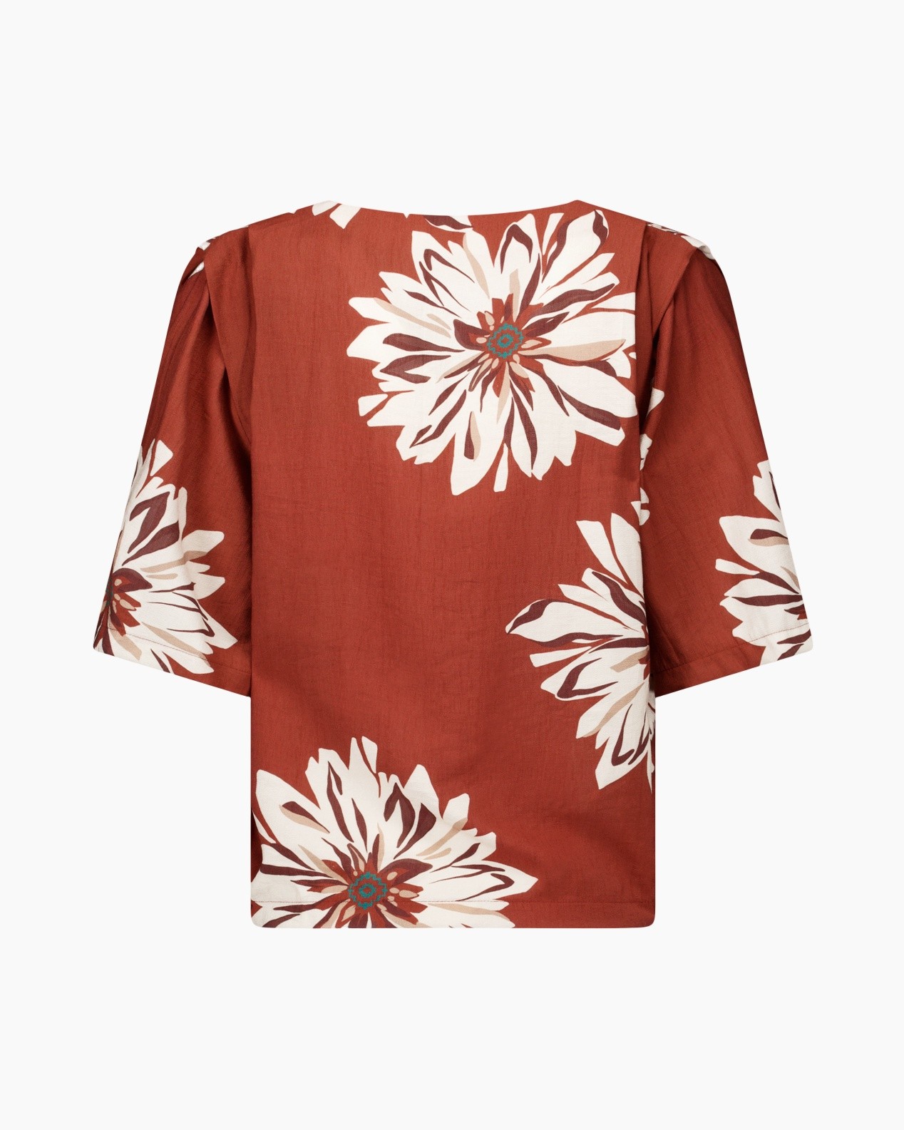 top, blouse, bloemen, floral, terra-cotta