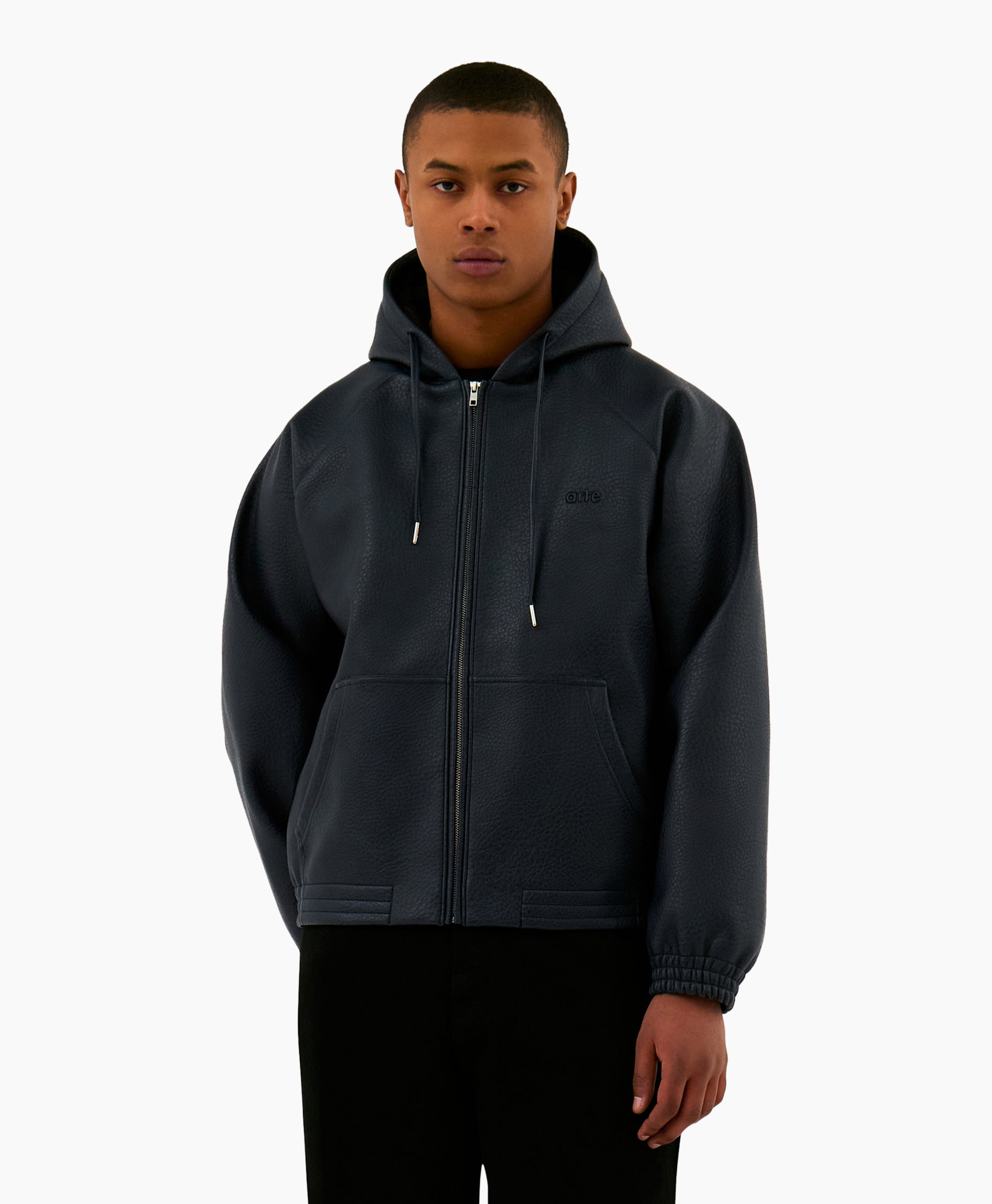 Leren Jas Leather Hoodied Jacket Zwart