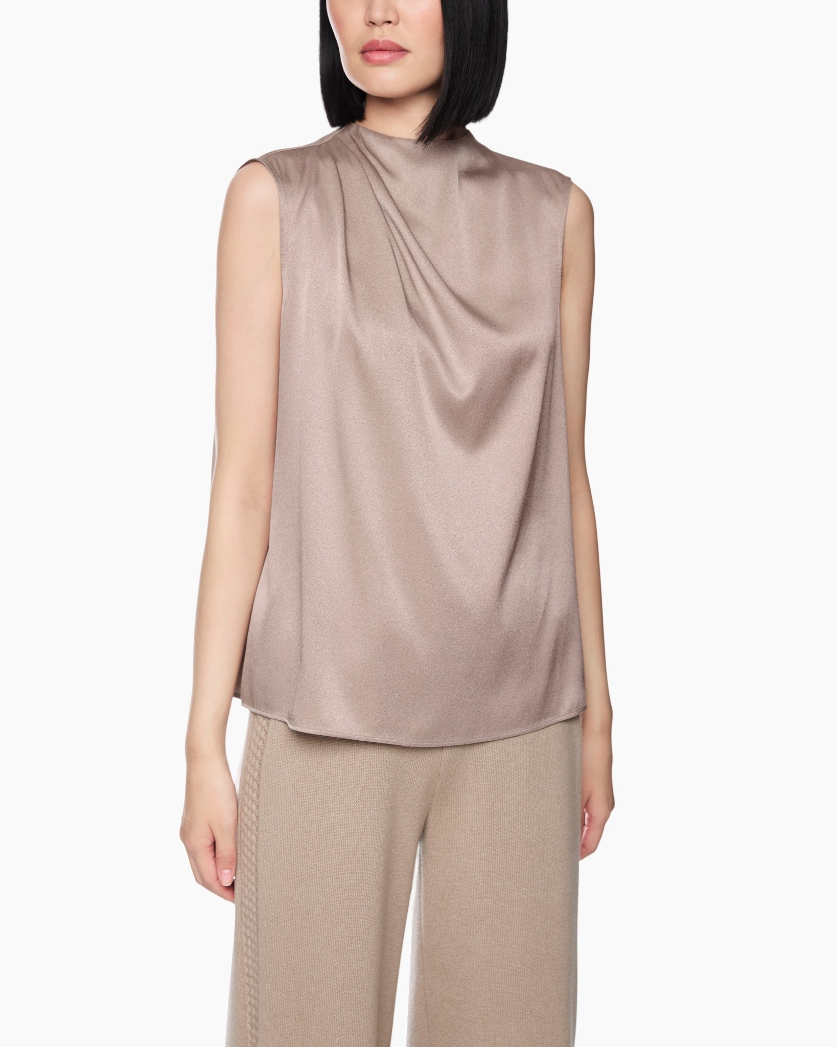 top zonder mouwen, zijdenachtig, taupe, gedrapeerd, damesblouse