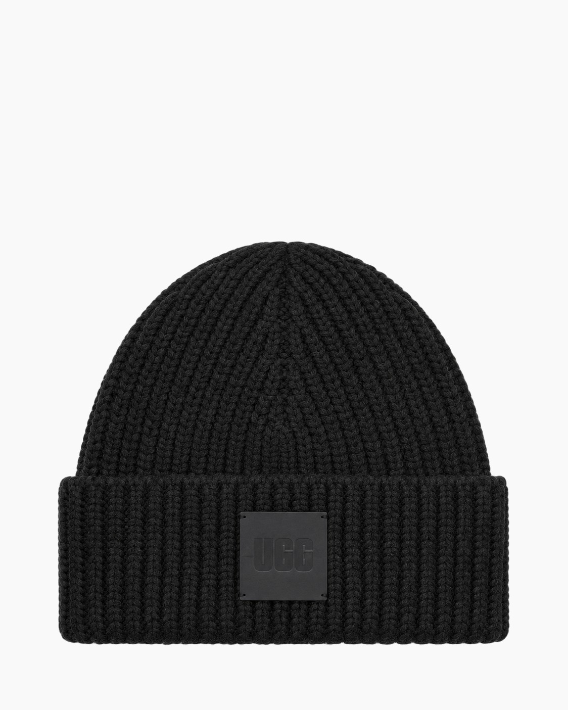 gebreide muts, zwart, ribbelstructuur, omgeslagen boord, logopatch