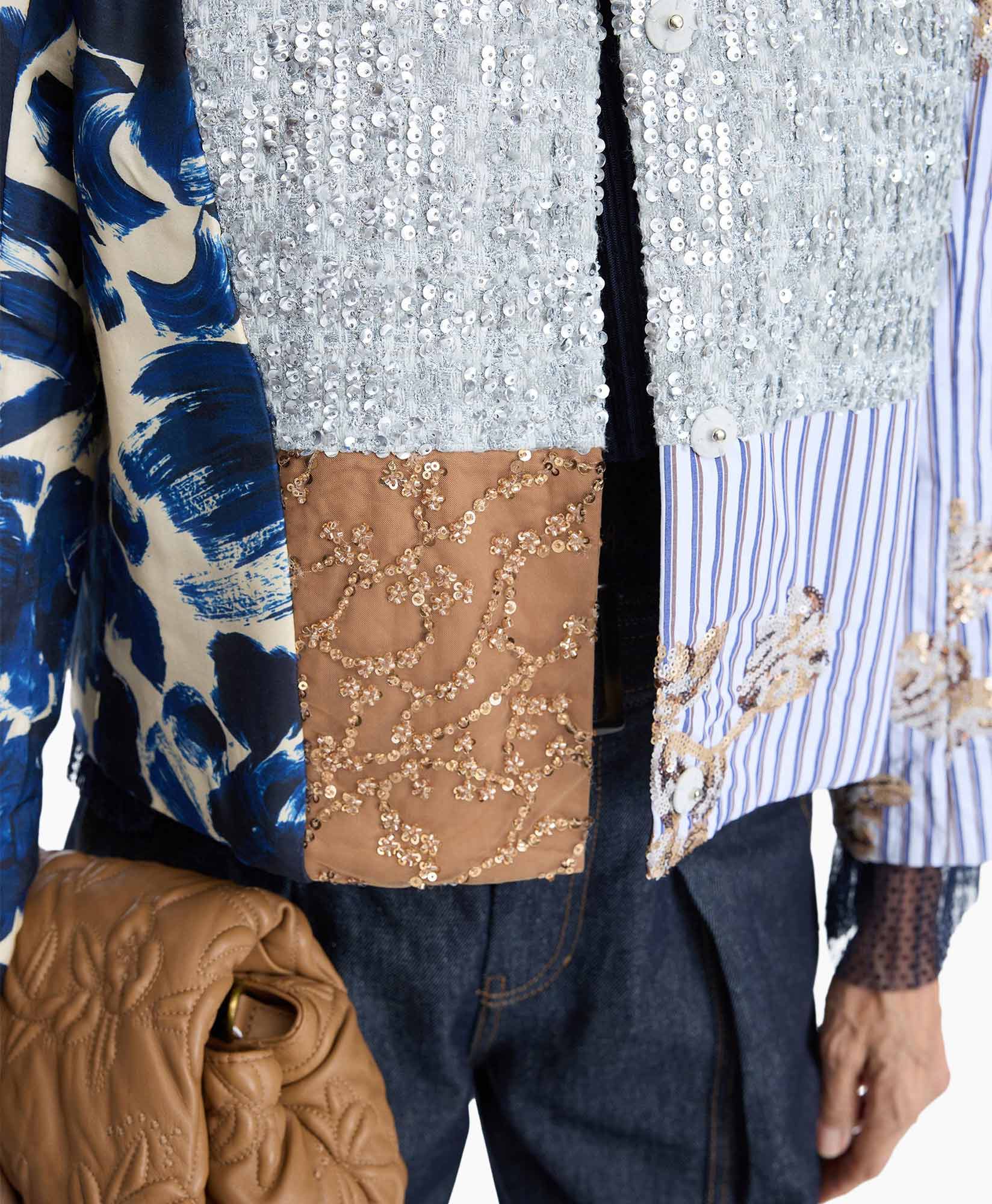sequins, patchwork, embellished, jacket, blue
