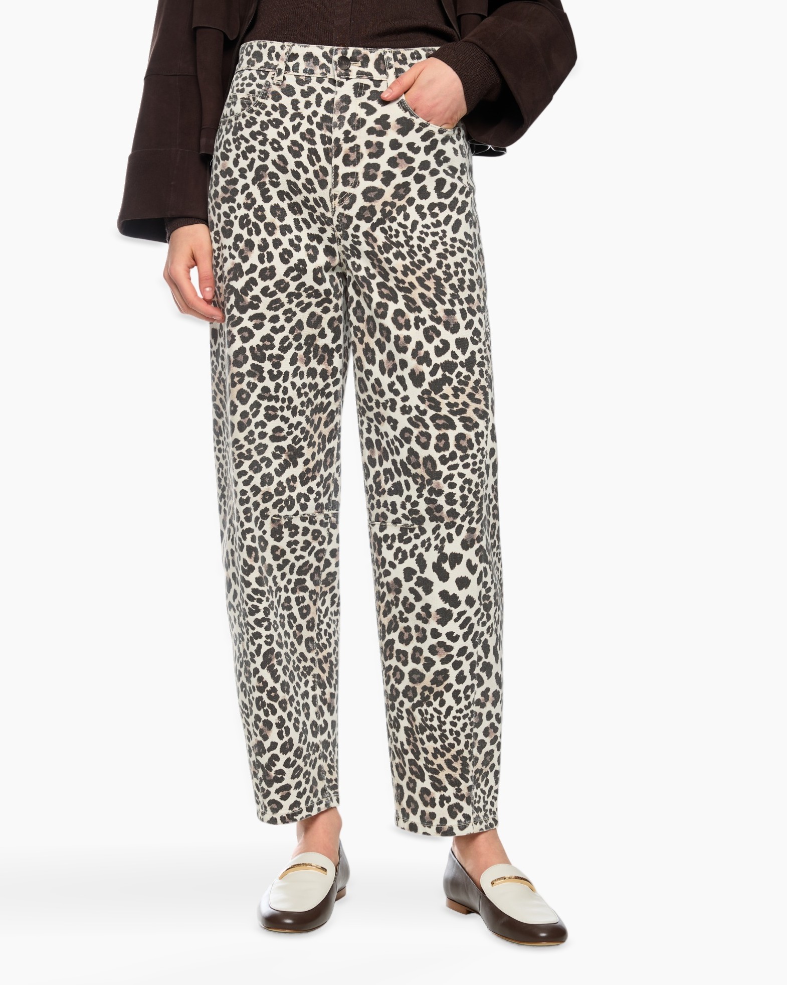 leet print, broek, wijd vallend, enkellengte, neutraal beige