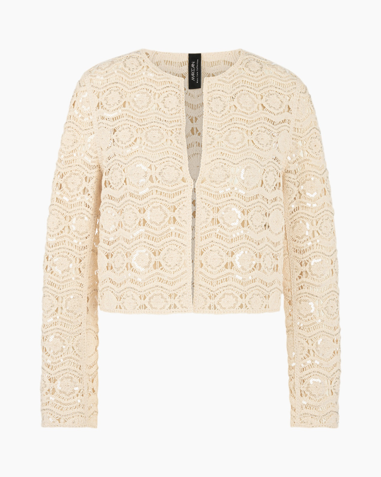 vestido, lacet, beige, mouwenlang, open voorkant