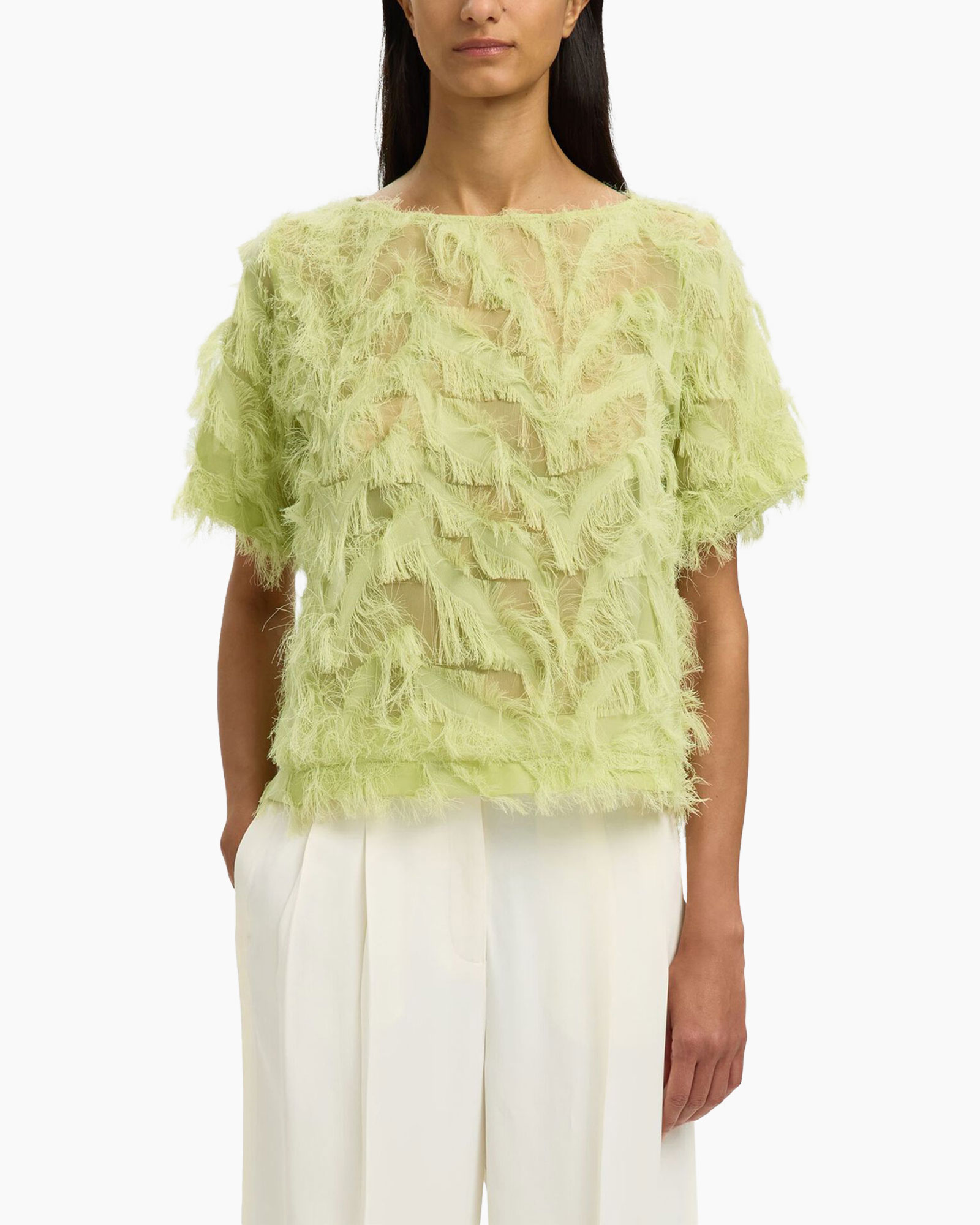 top, tunic, verenachtig franjes?, veertje?, limegroen