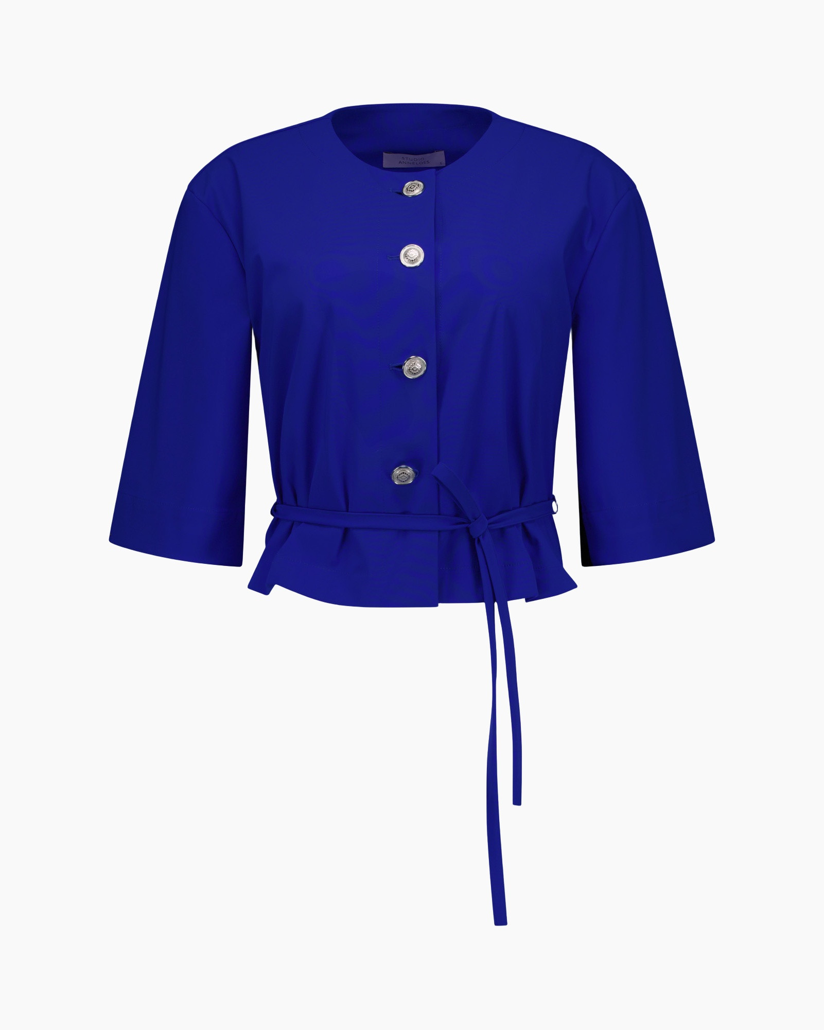 blouse, heldere blauwe,  knopen, riem, korte mouwen